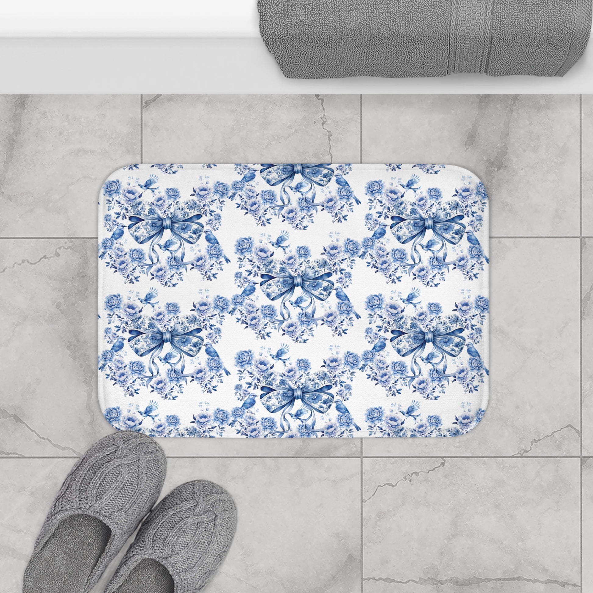 Elegant Blue Bow Chinoiserie Bathmat – Stunning Birds & Floral | Soft, Absorbent & Non-Slip Bathroom Rug for Stylish Home Décor & Comfort Home