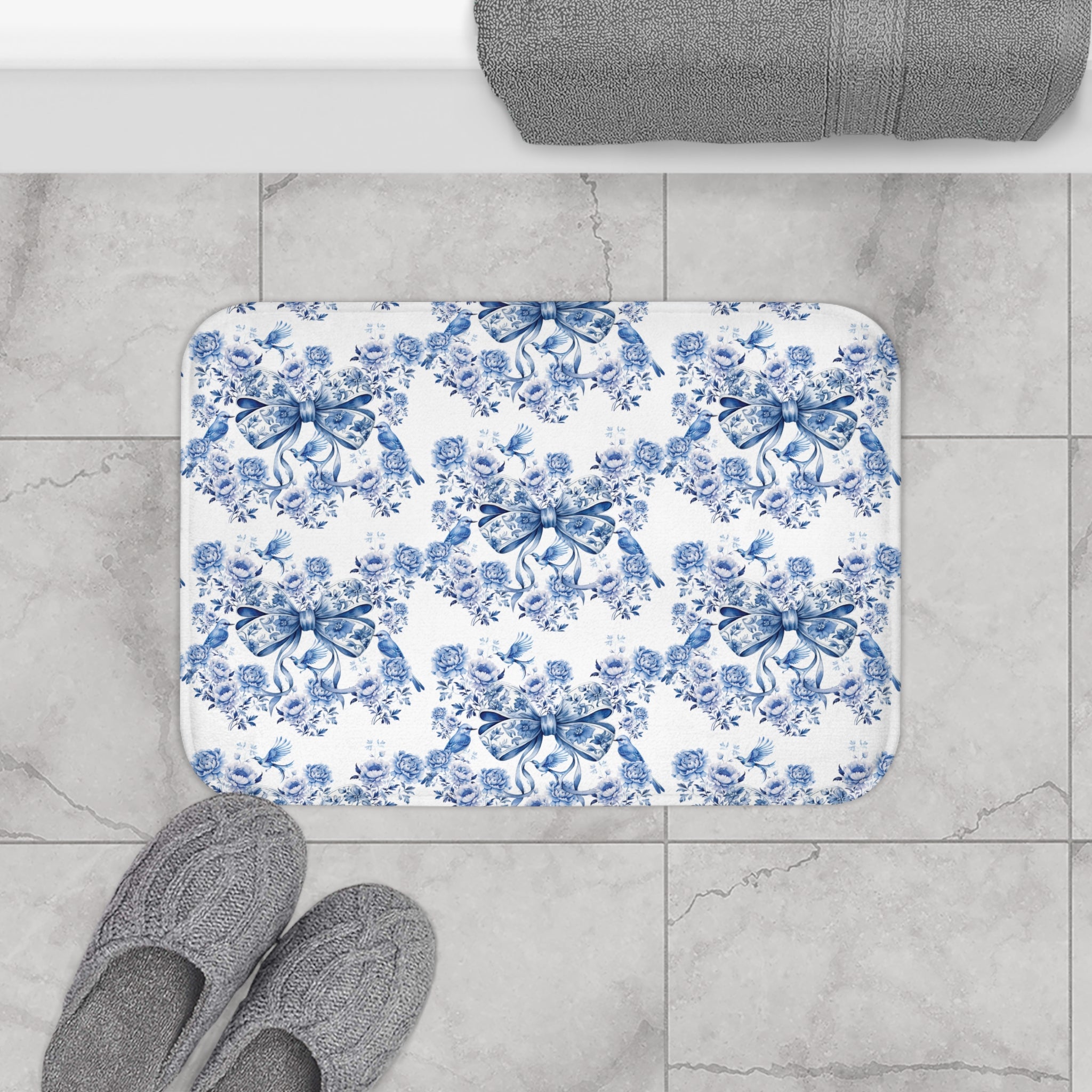 Elegant Blue Bow Chinoiserie Bathmat – Stunning Birds & Floral | Soft, Absorbent & Non-Slip Bathroom Rug for Stylish Home Décor & Comfort Home