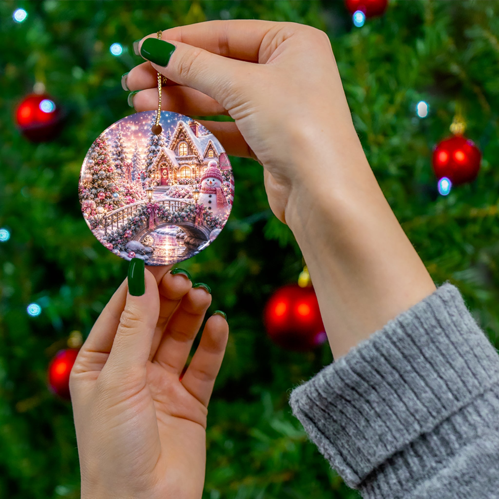 Christmas Snowy Cottage Ceramic Ornament — Round Holiday Tree Decoration Winter Wonder
