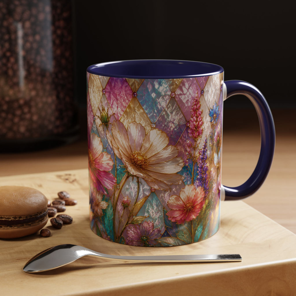 Floral Mosaic Accent Coffee Mug — Colorful Garden Flowers 11/15oz Stain Glass Illusion