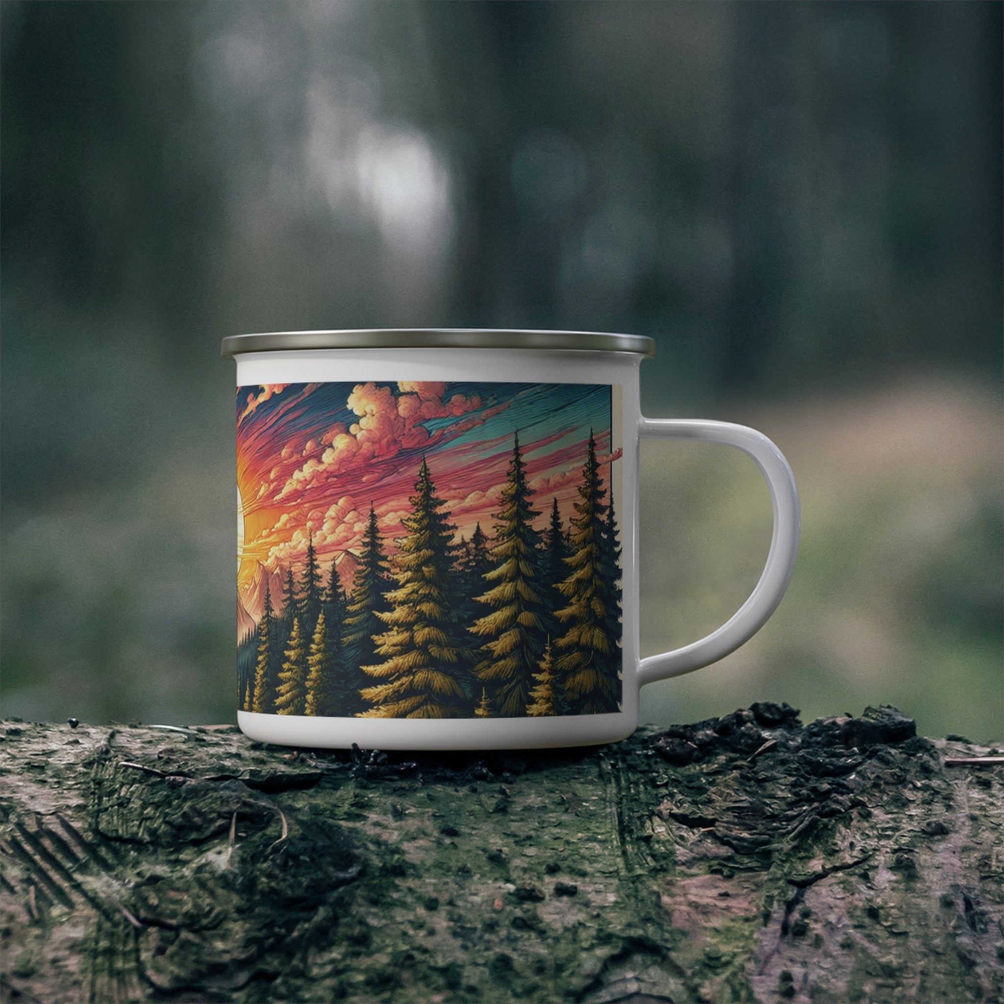 12oz Enamel Camping Mug Sunset Over Mountain & Pine Trees Design | Perfect for Camping, Coffee, Hot Chocolate | Durable, Lightweight Mug for Outdoor Adventures  Gifts Christmas - MRSBYVALLE