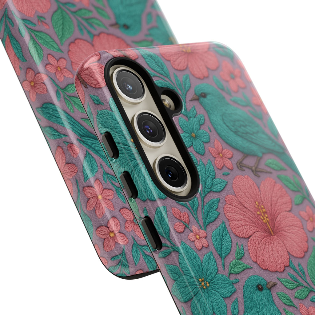 Turquoise, Pink and Lavender 3D Embroidery Illusion Phone Case Tropical Flowers, Birds & Butterflies Cover with Bold, Realistic Floral Texture iPhone, Samsung