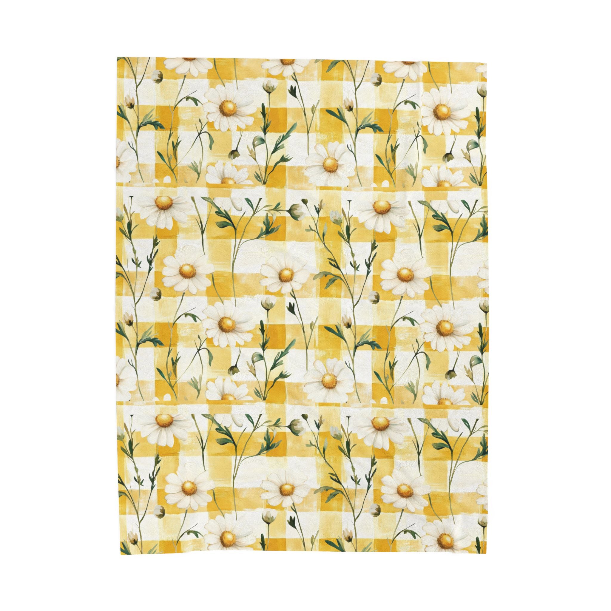 Pastel Yellow Daisy Checker Velveteen Plush Blanket — Spring Floral Cozy Throw