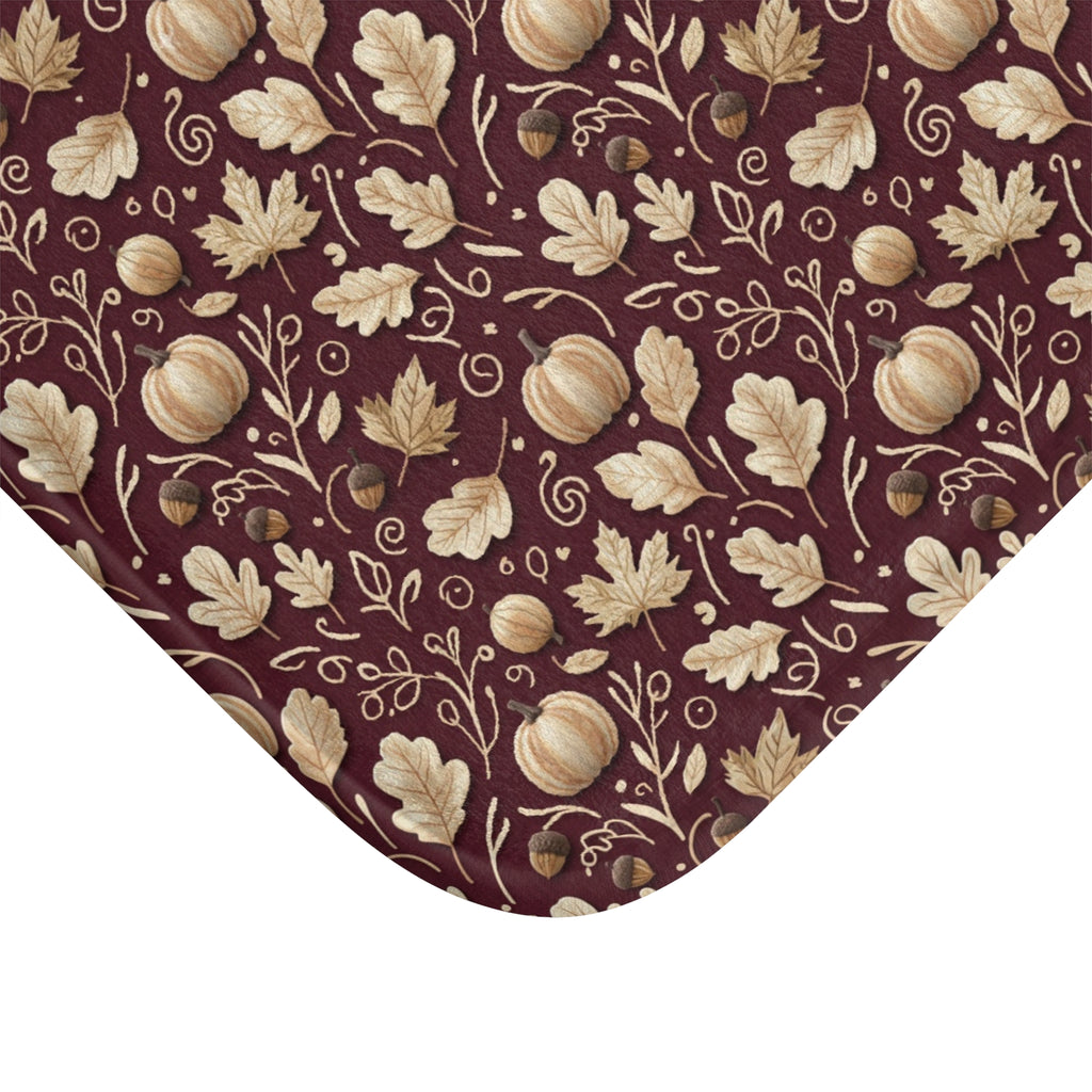 Burgundy Fall Bath Mat, Autumn Leaves Memory Foam Rug, Seasonal Bathroom Decor, Cozy Rustic Harvest Accent Floor Mat