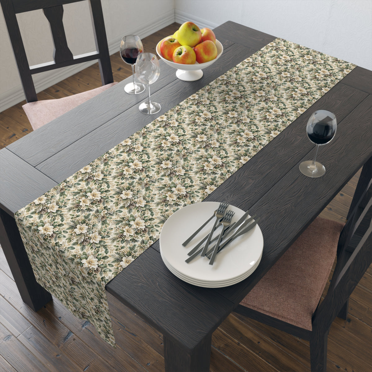 Sage Green & Champagne Floral Table Runner
