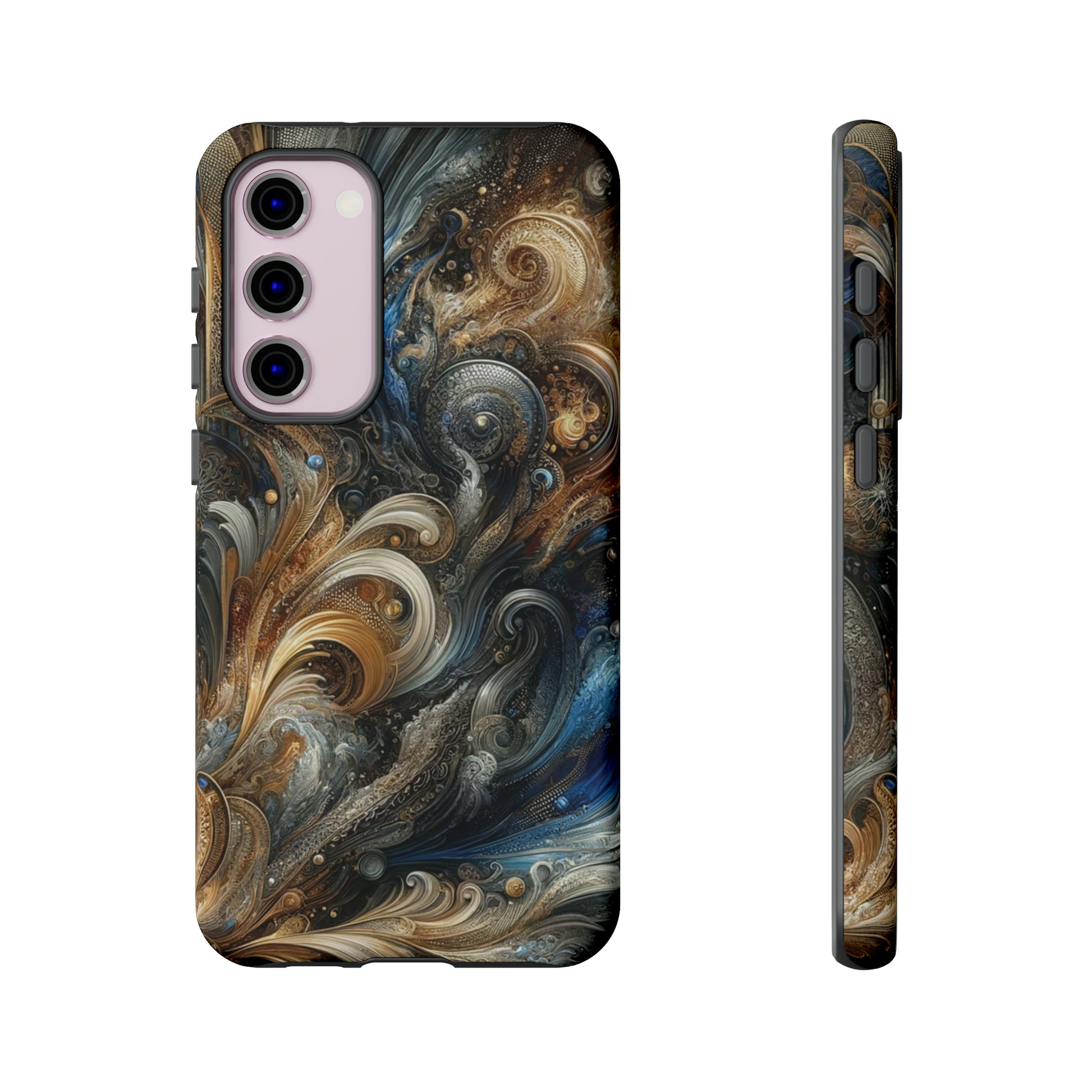 Gold and Navy Art Design Luxury Phone Tough Case Floral Elegant Durable Stylish for Modern Devices iPhone 15, Samsung iPhone Samsung Accessory Gift for Her.