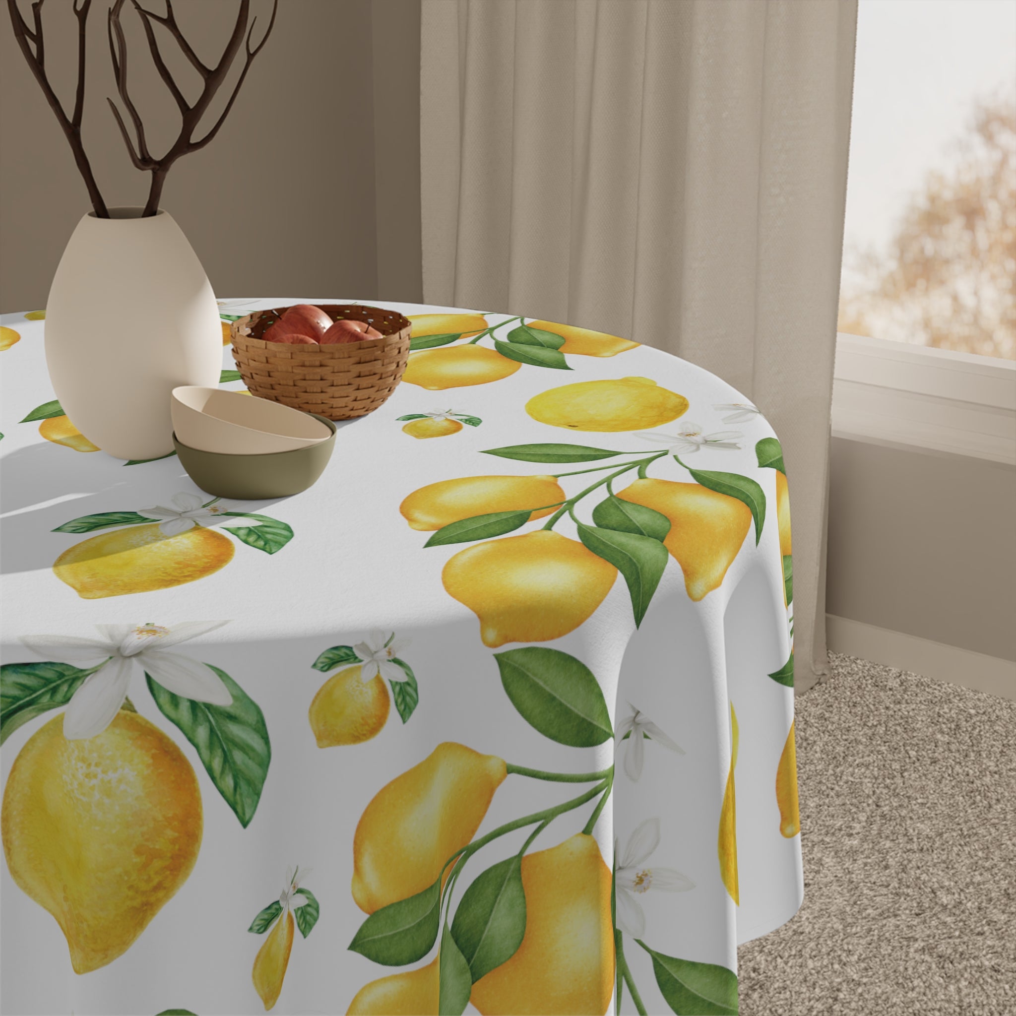 Elegant Lemon White Flower Tablecloth - Vibrant Citrus Blossom Design, 100% Polyester, Perfect for Dining, Parties, and Home DécorBirthdays all Events  and Occasions