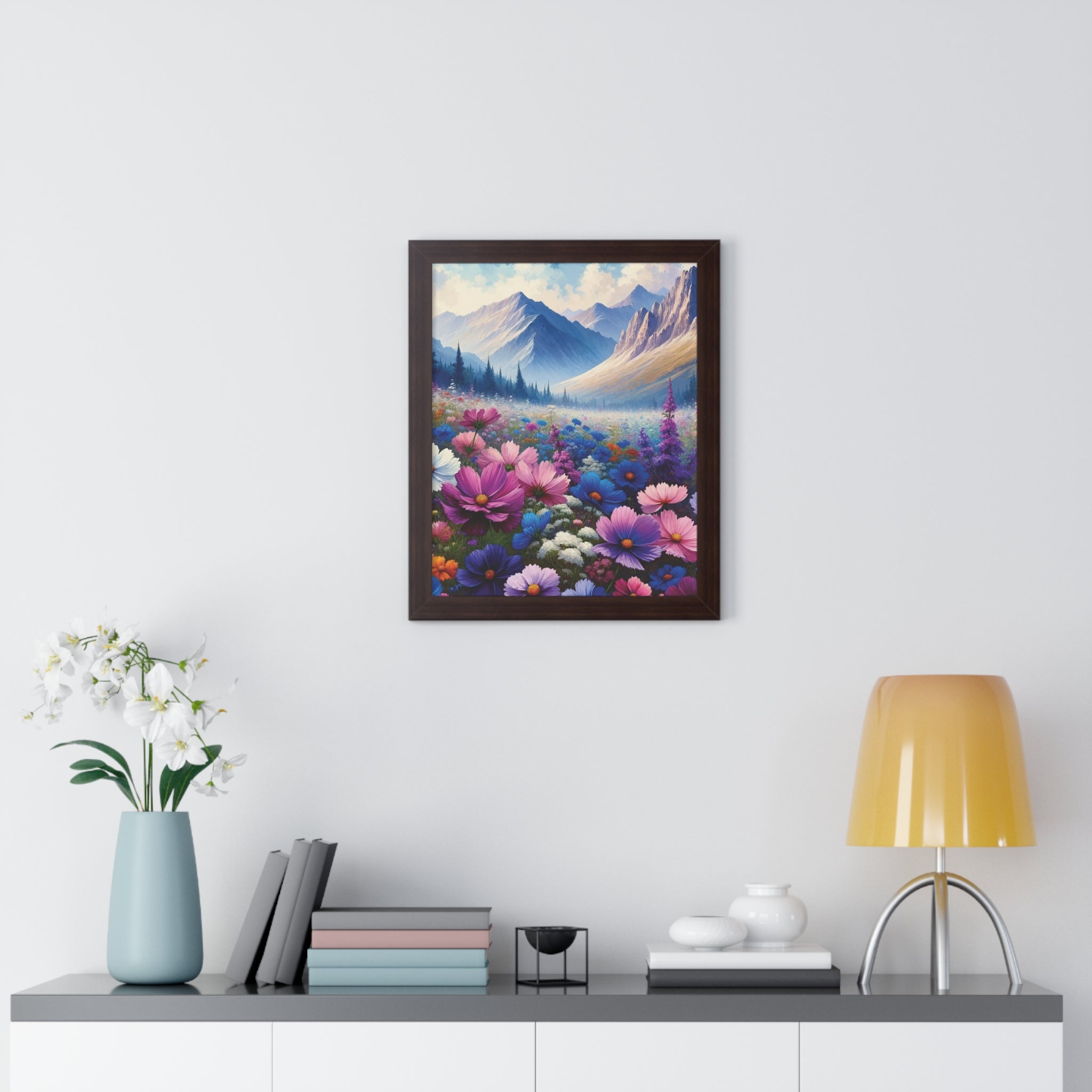 Wall Art Beautiful Wildflowers and Mountains Wildflower Art Watercolor Floral Framed Canvas Print Wall Art  Classic Encased in Black, White, or Walnut Frames with Durable Acrylic Protection Ready to Hang  Timelessly Crafted..
