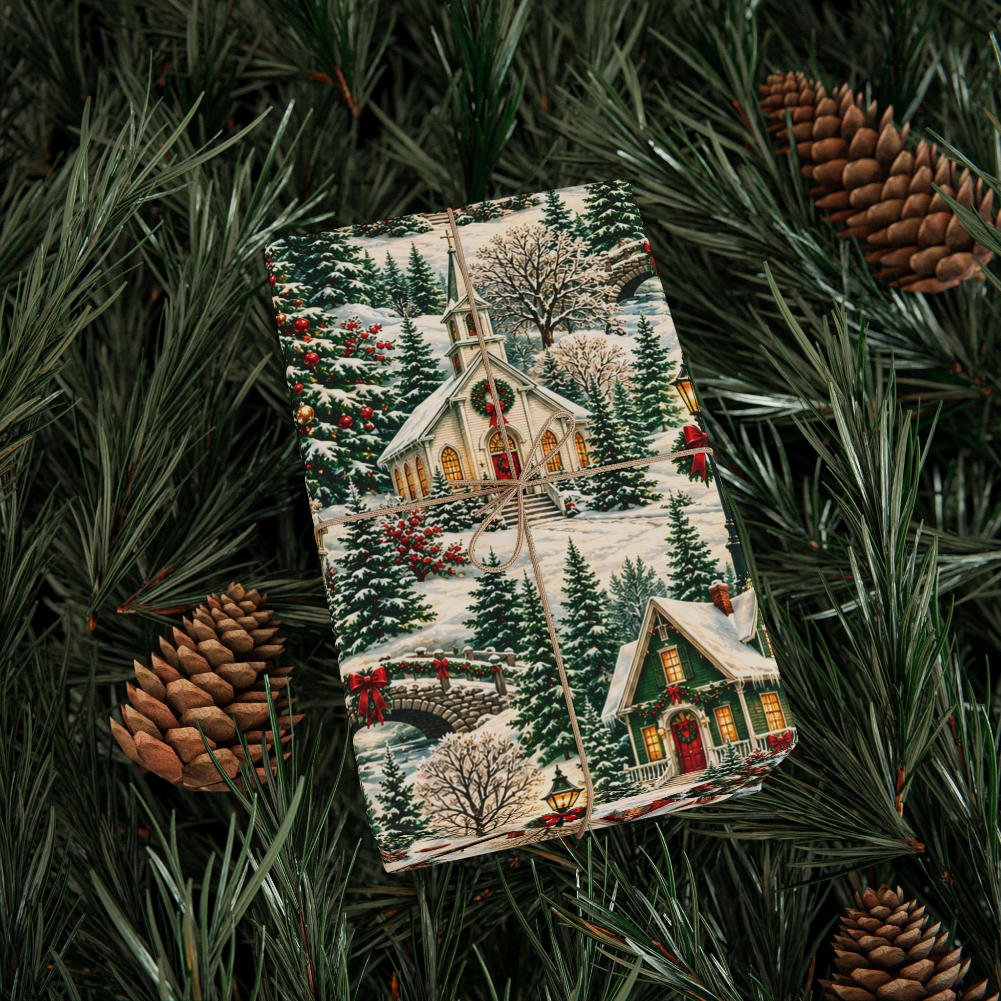 Vintage Christmas Village Gift Wrap Snowy Church & Cottage Wrapping Paper Rustic Holiday Present Wrap