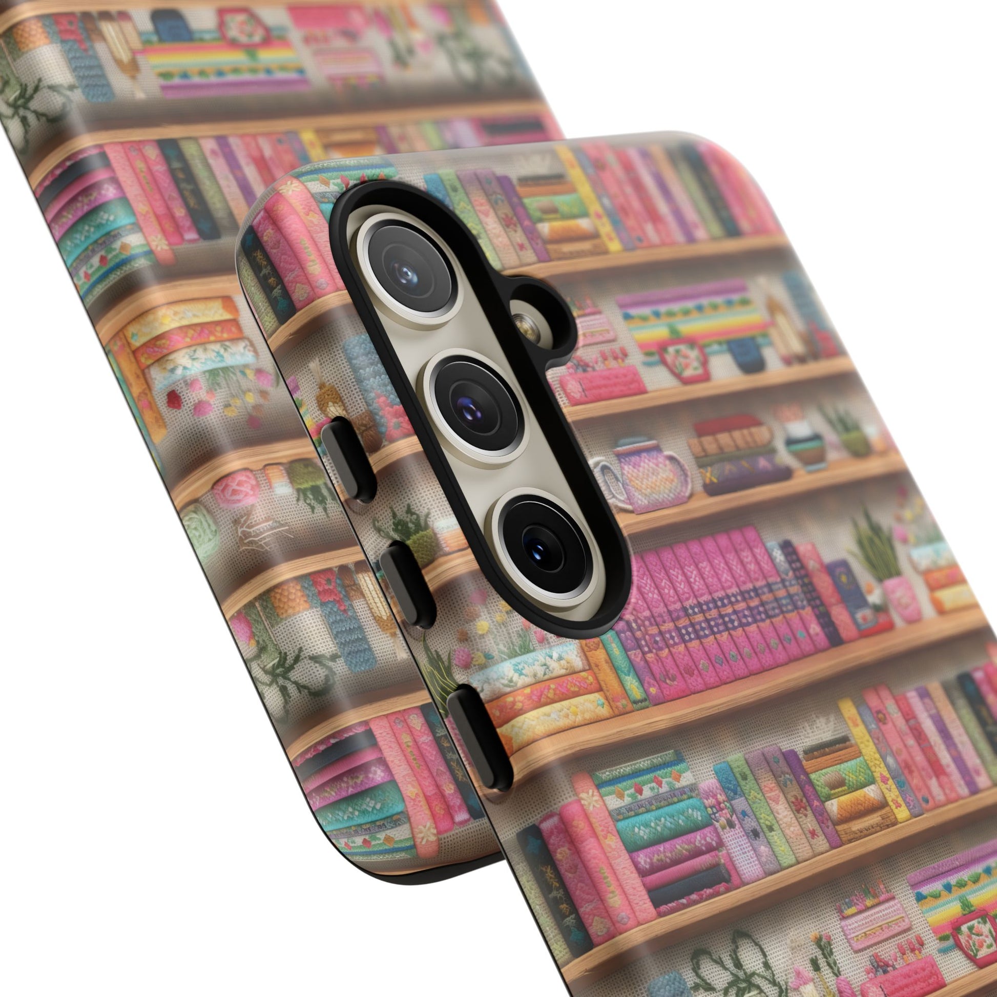 Whimsical 3D Embroidery Illusion Books on Pastel Shelves Phone Case for iPhone, Samsung & Pixel: Unique Accessory for Literary Enthusiasts Gift for Her Perfect for Floral Lover