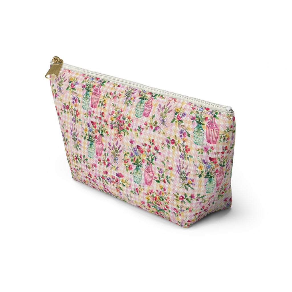 Trousse à accessoires à carreaux floraux turquoise et rose (fond en T) Maquillage, Sac cadeau pour elle