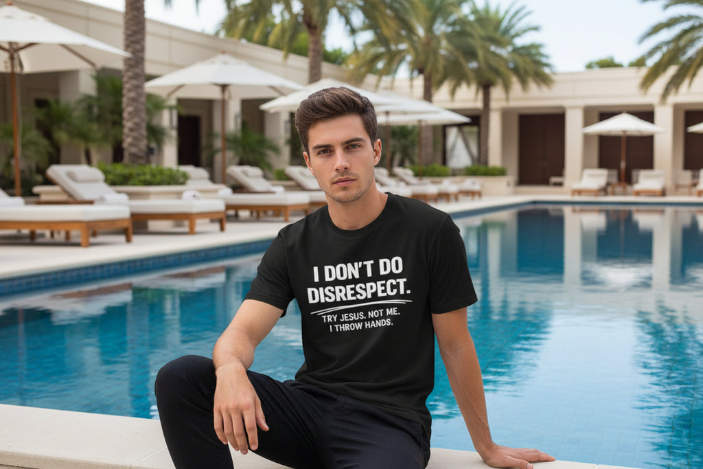 Black t-shirt with white text on a white background