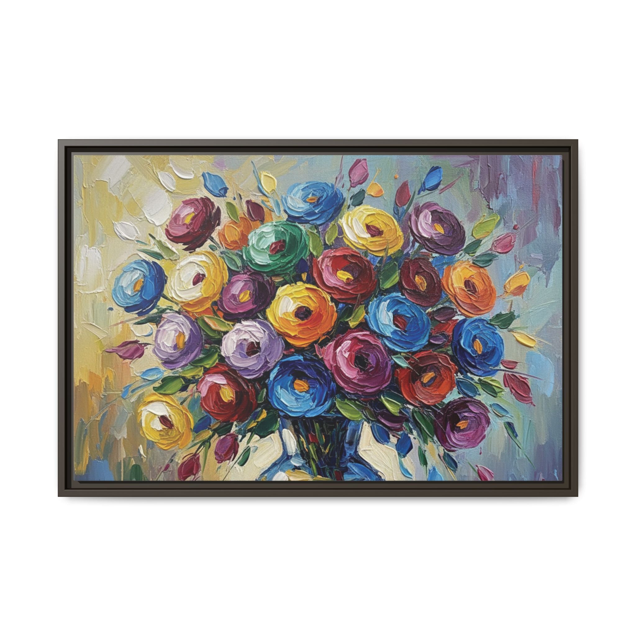 Impression sur toile bouquet floral aquarelle - Tableau mural encadré mat - Illusion de peinture à l'huile vibrante