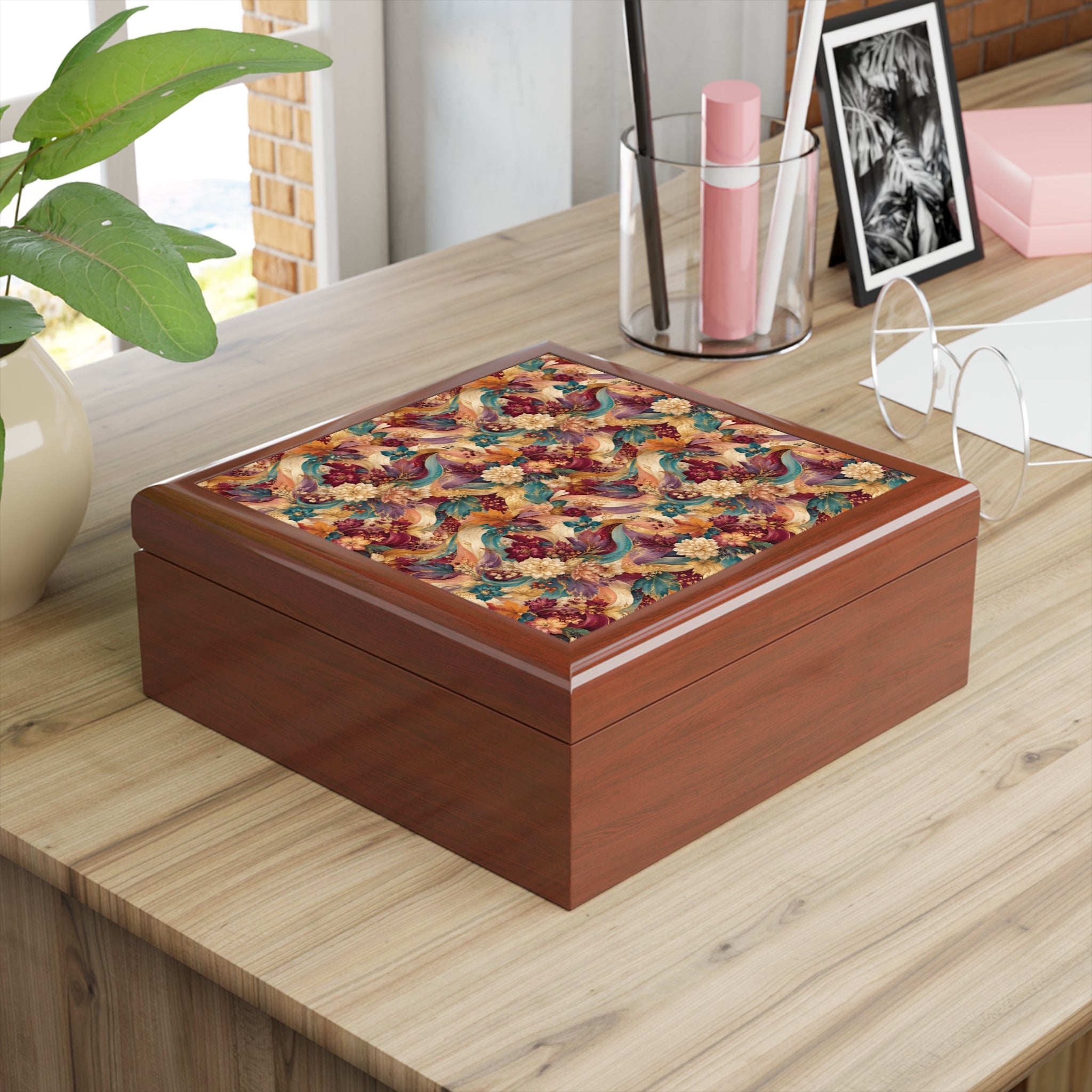 Floral Peacock Pattern Jewelry Box — Decorative Keepsake Box with Vintage Botanical Design