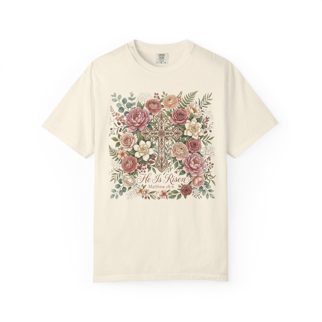 He Is Risen Floral Cross T-Shirt Christian Gift