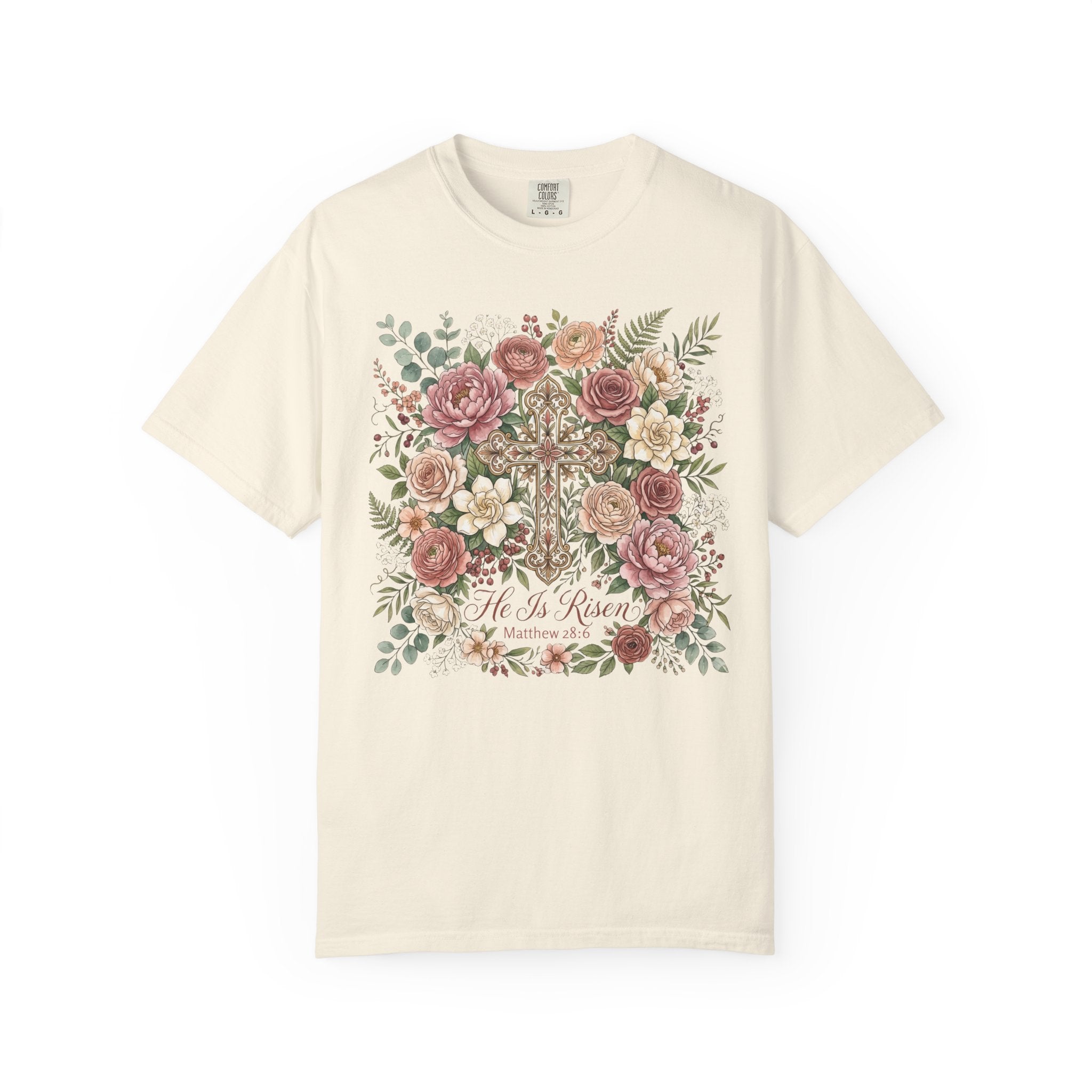 He Is Risen Floral Cross T-Shirt Christian Gift