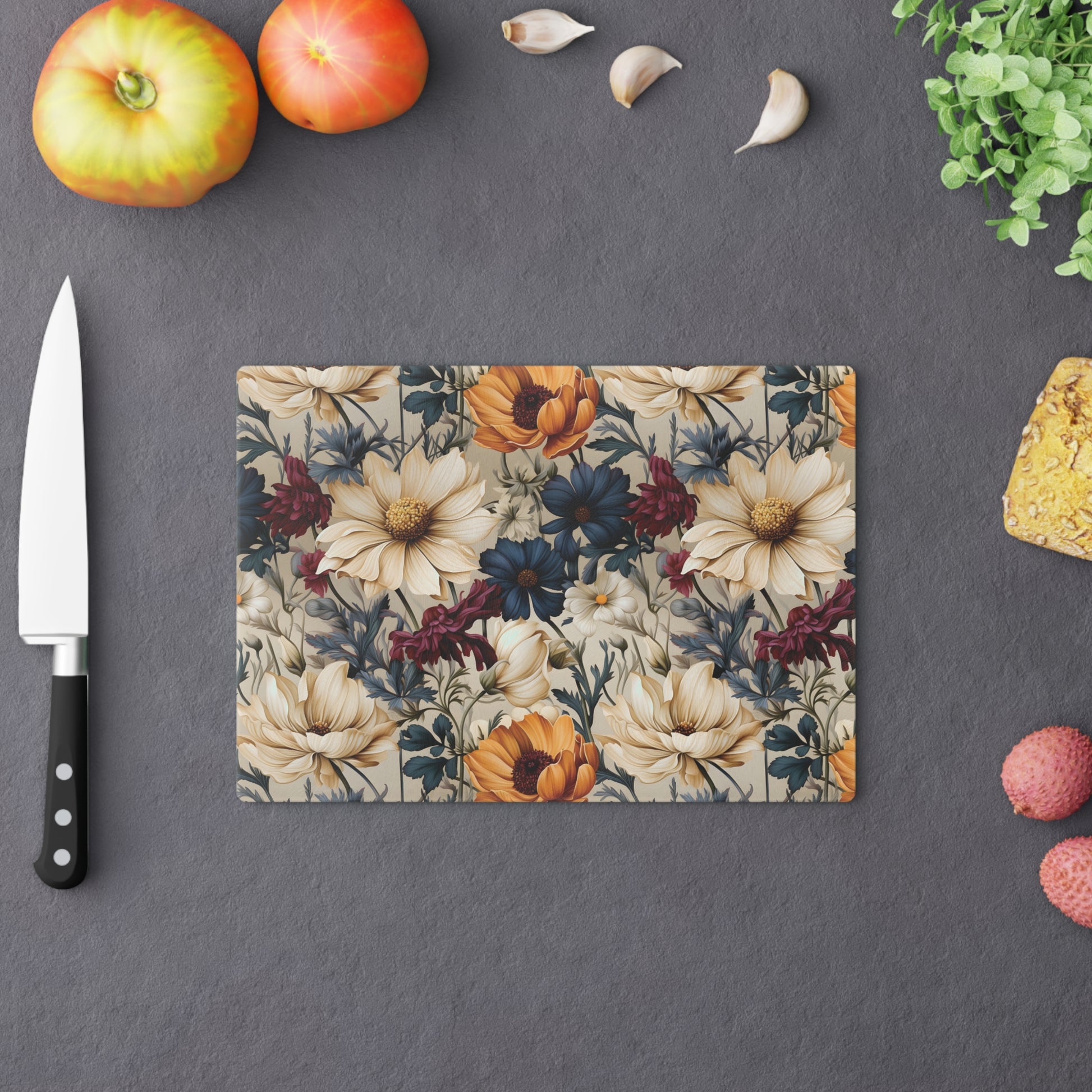 Durable Tempered Glass Cutting Board – Elegant Winter Floral Design | Heat-Resistant, Non-Slip, Stylish Kitchen Decor Navy, Amethyst, White & MorePerfect for Kitchen Prep, Chopping, and Serving with Style - MRSBYVALLE