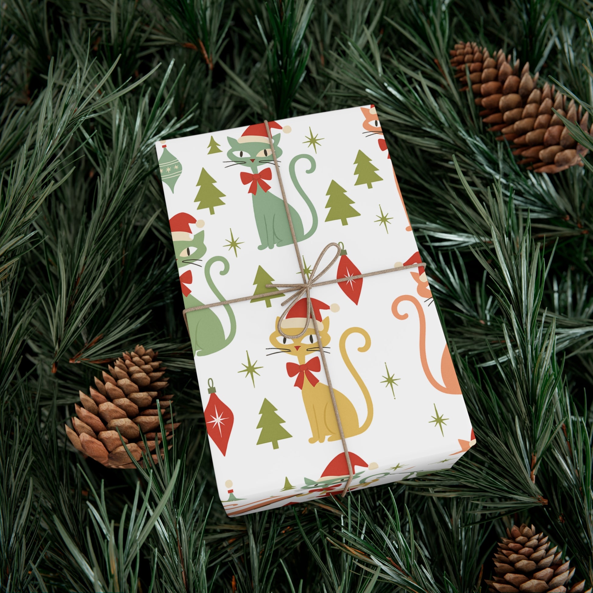 Christmas Atomic Cat Wrapping Paper, Retro Gift Wrap, Pastel Mid-Century Kitty Design, Vintage Holiday 30x20, 30x72, 30x144 Perfect for all Occasion