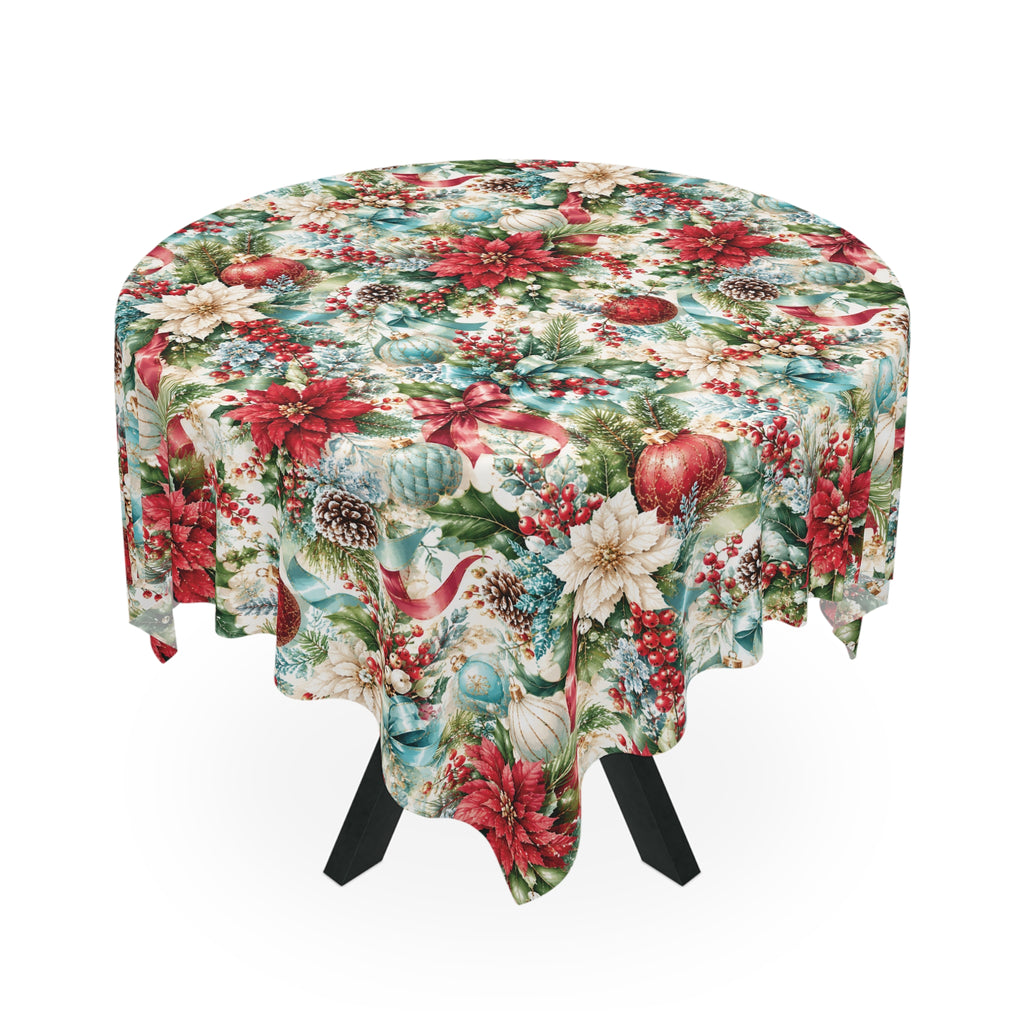 Christmas Poinsettia Holiday Tablecloth Festive Ornaments & Pinecone Dining Table Cover Elegant