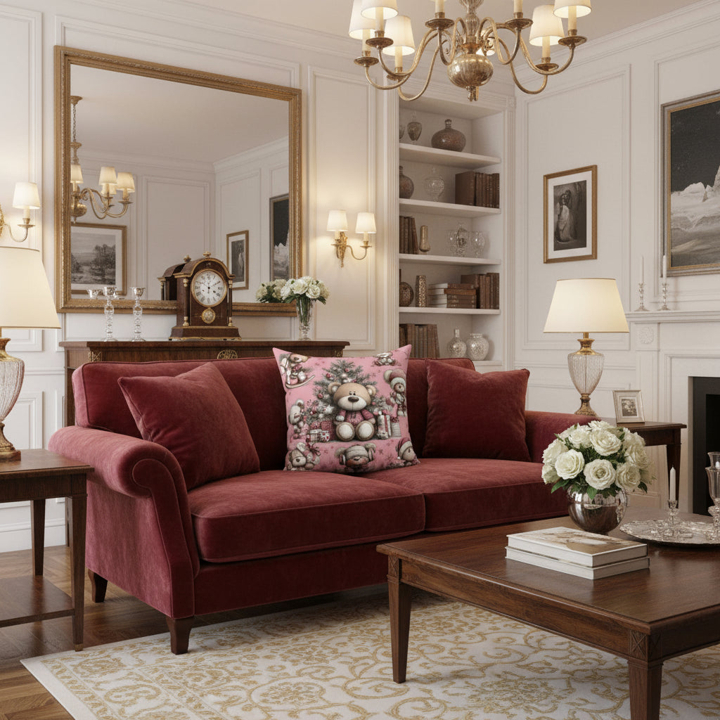 Decorative pillow with teddy bear and Christmas tree design on a pink background