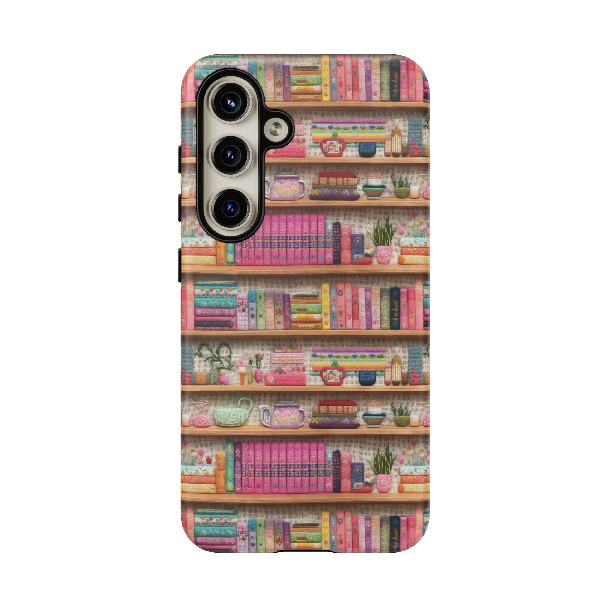 Whimsical 3D Embroidery Illusion Books on Pastel Shelves Phone Case for iPhone, Samsung & Pixel: Unique Accessory for Literary Enthusiasts Gift for Her Perfect for Floral Lover