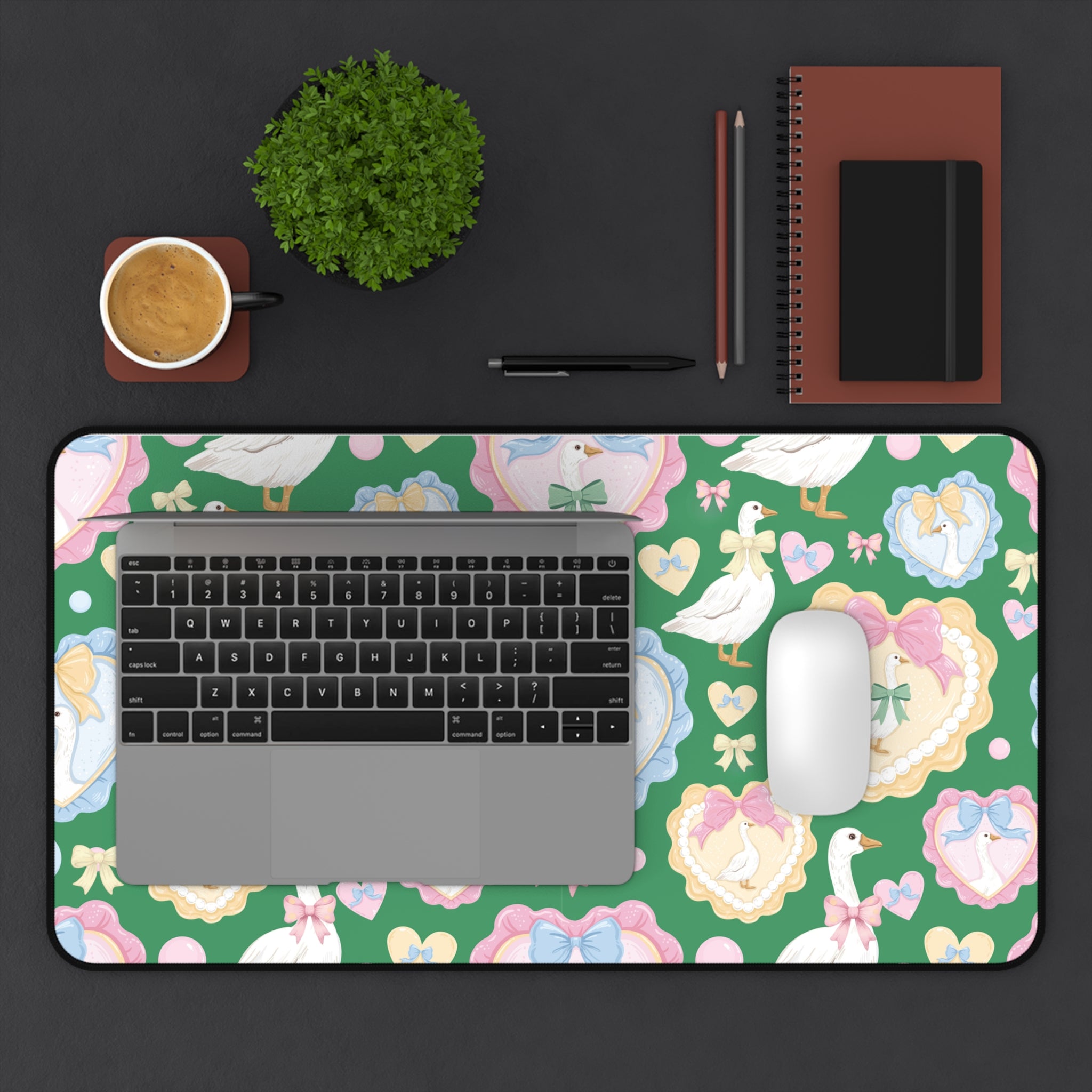 Silly Goose Green Desk Mat with Pastel Bows & Hearts Cozy & Stylish Desk Protector Desk Pad