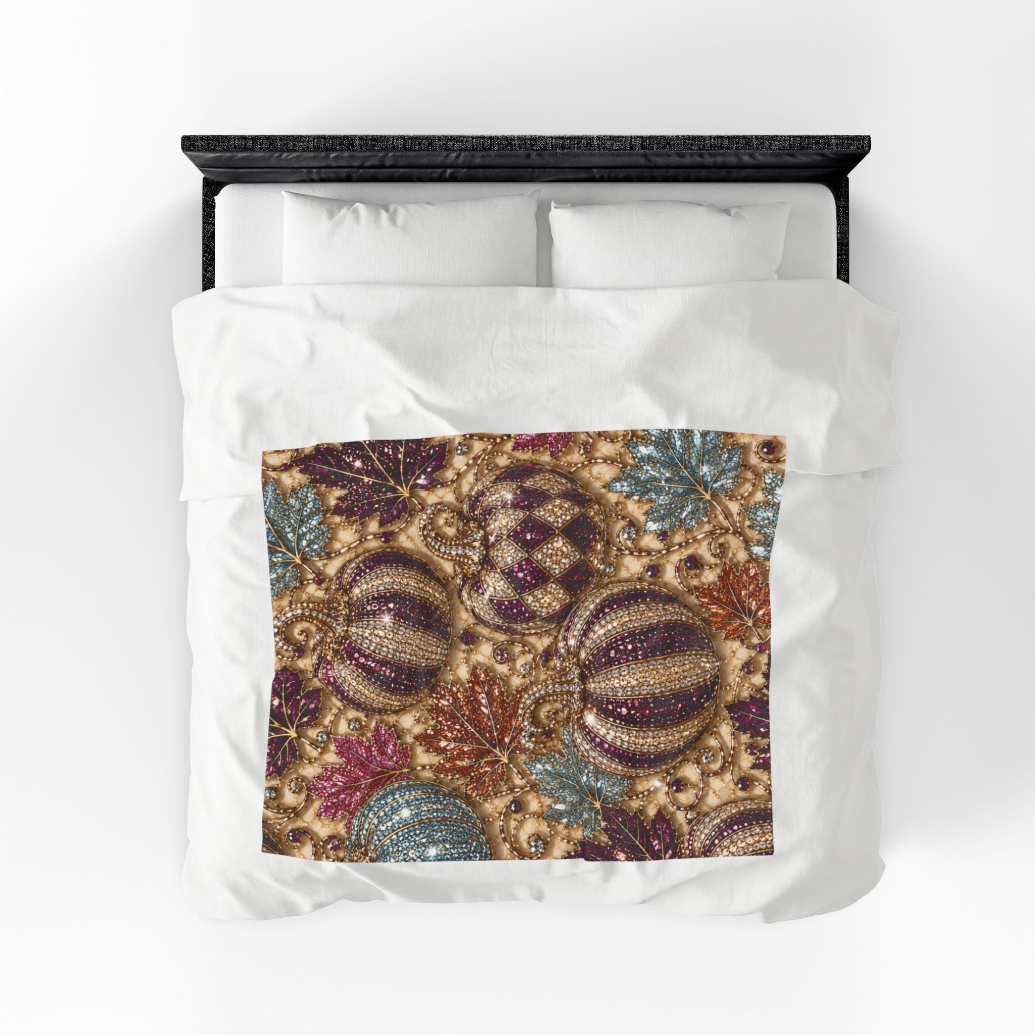 Plush Blanket - Jewel-Toned Decorative Pumpkins & Leaves Fall Throw Rhinestone Faux