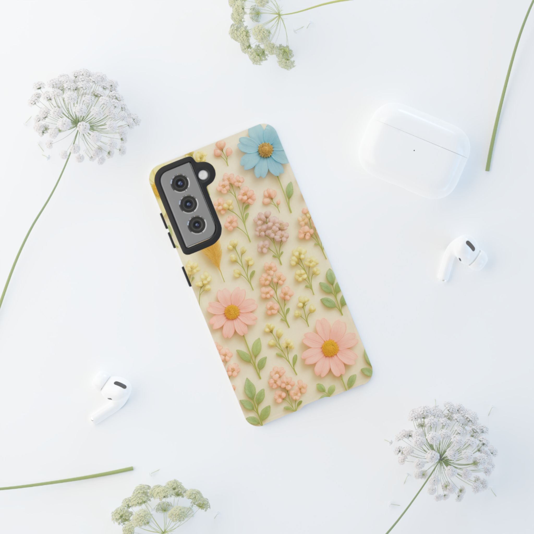Pastel Dried Flowers Illusion Phone Case 3D Realistic Pressed Floral Design, Bright Botanical Aesthetic, Soft Nature-Inspired CoveriPhone & Galaxy