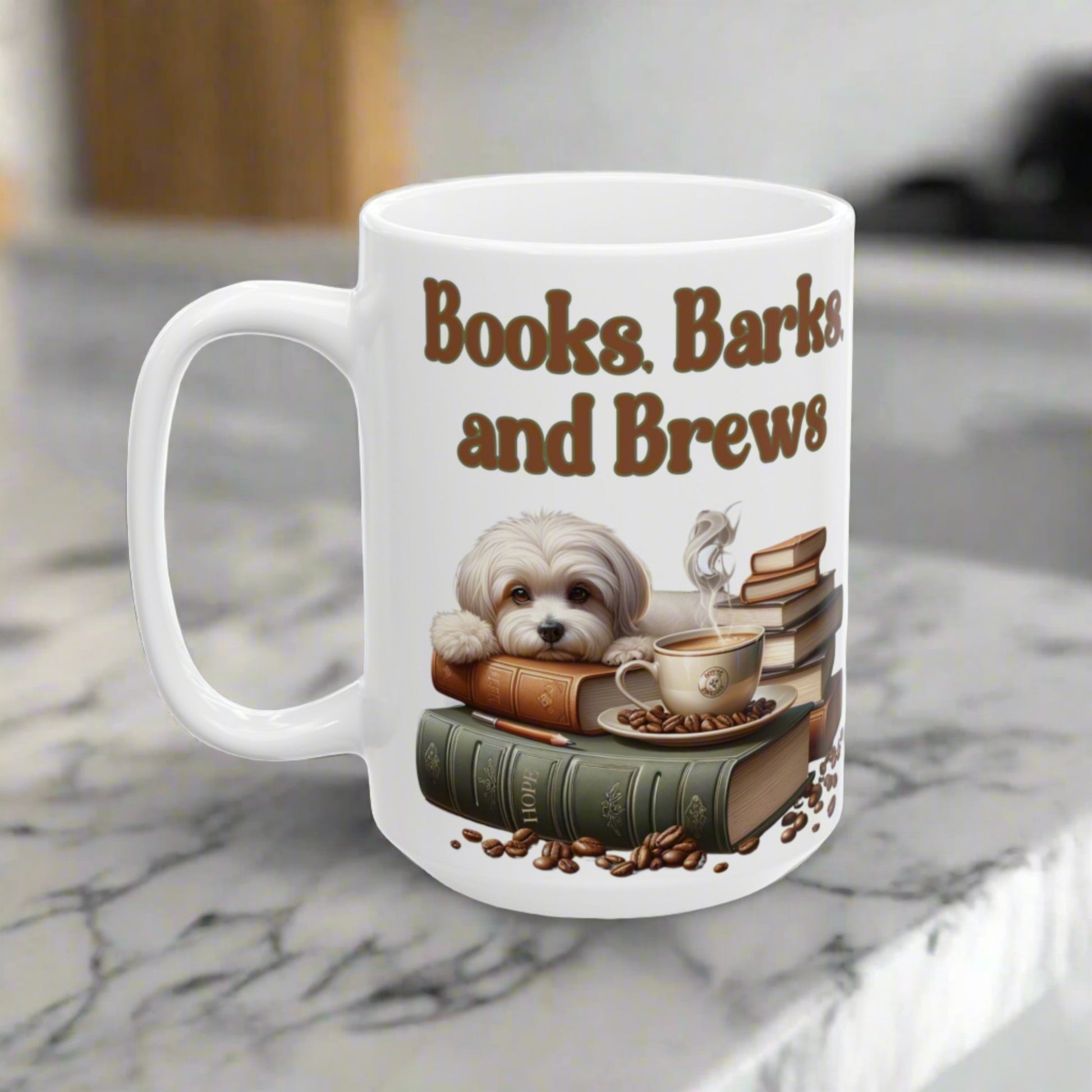 Books, Barks, and Brew Ceramic Coffee Mug Perfect for Dog Lovers and Bookworms | Available in 11 and 15 oz Cozy Coffee Moments with Canine Companions - MRSBYVALLE
