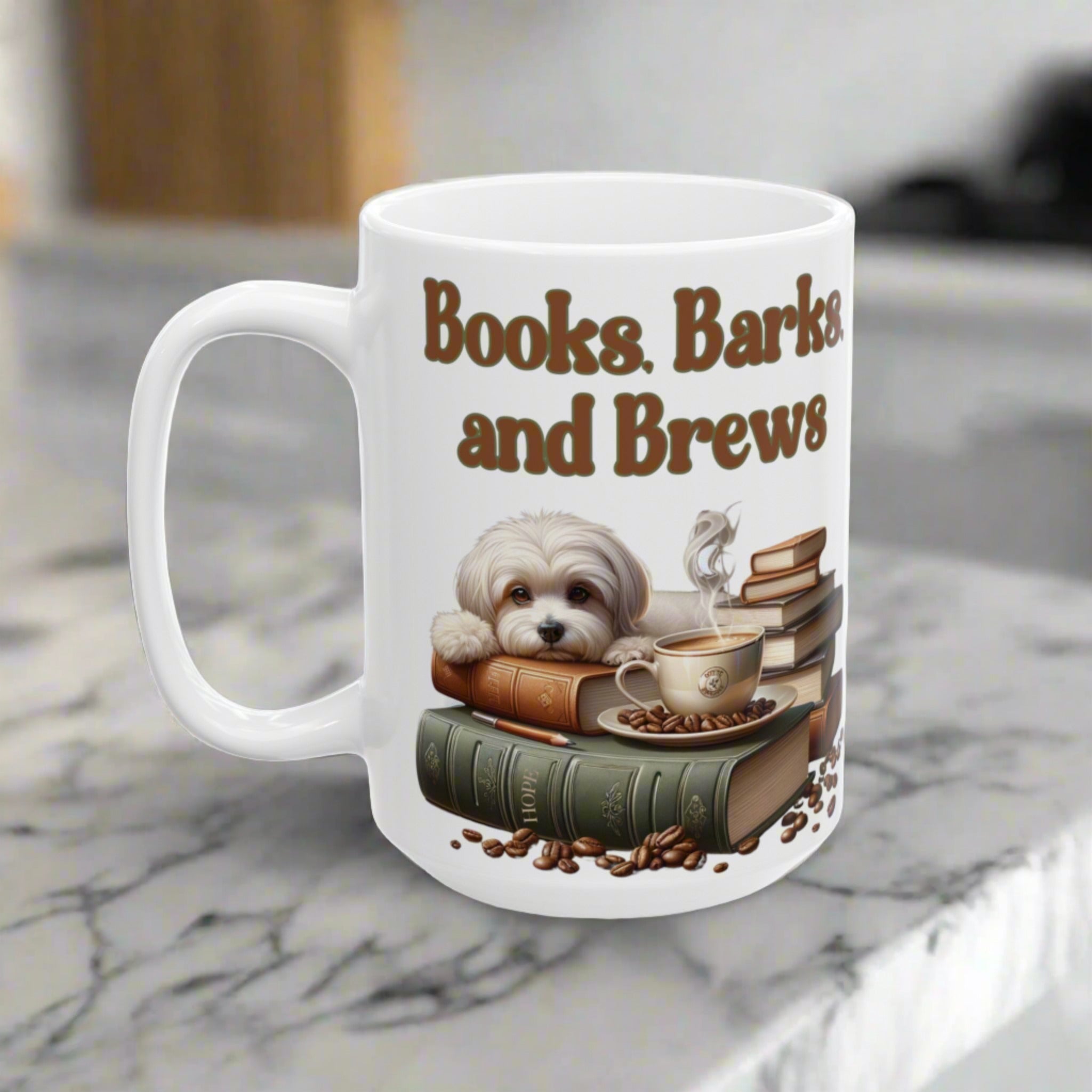 Books, Barks, and Brew Ceramic Coffee Mug Perfect for Dog Lovers and Bookworms | Available in 11 and 15 oz Cozy Coffee Moments with Canine Companions - MRSBYVALLE