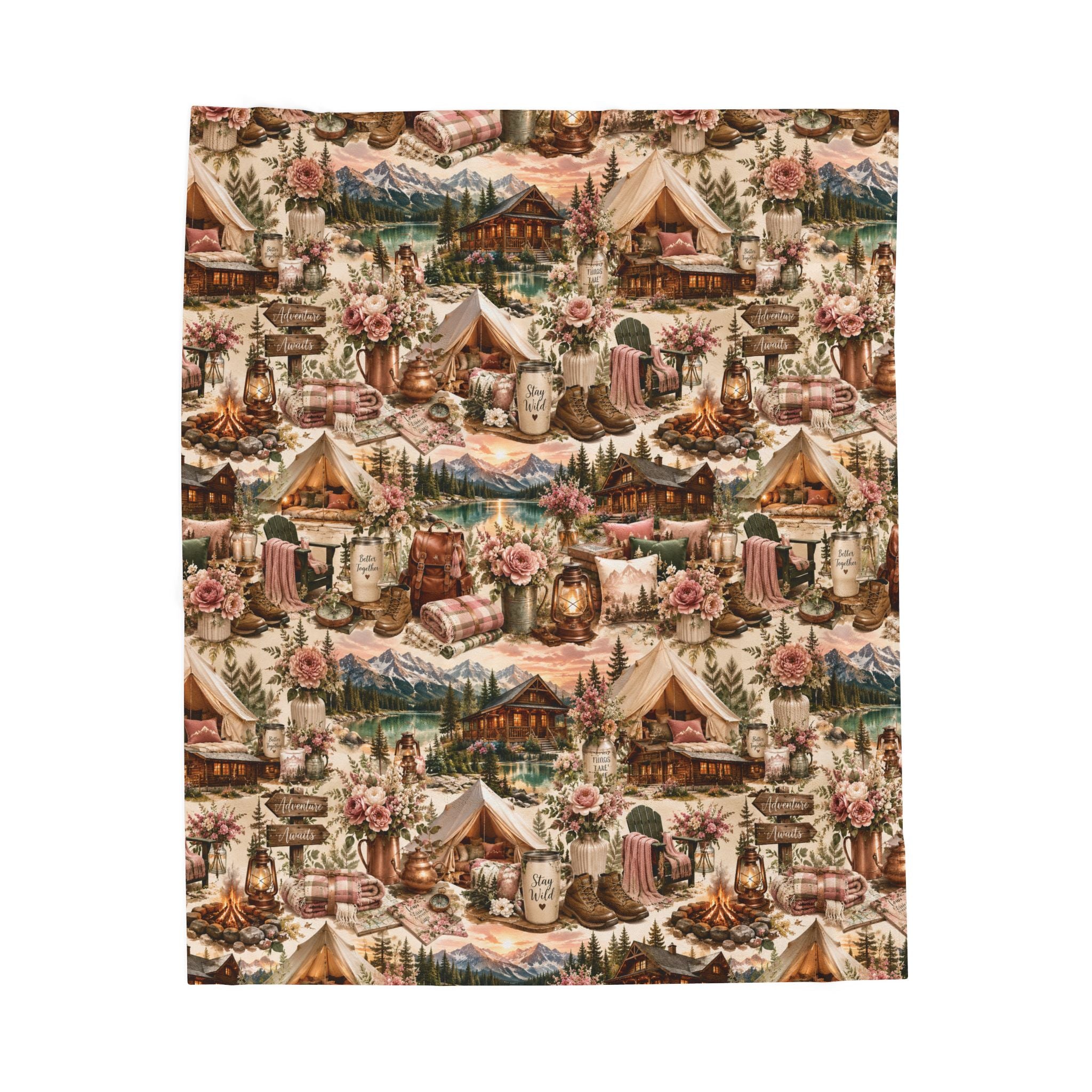 Cozy Cabin Camping Velveteen Plush Blanket Outdoor