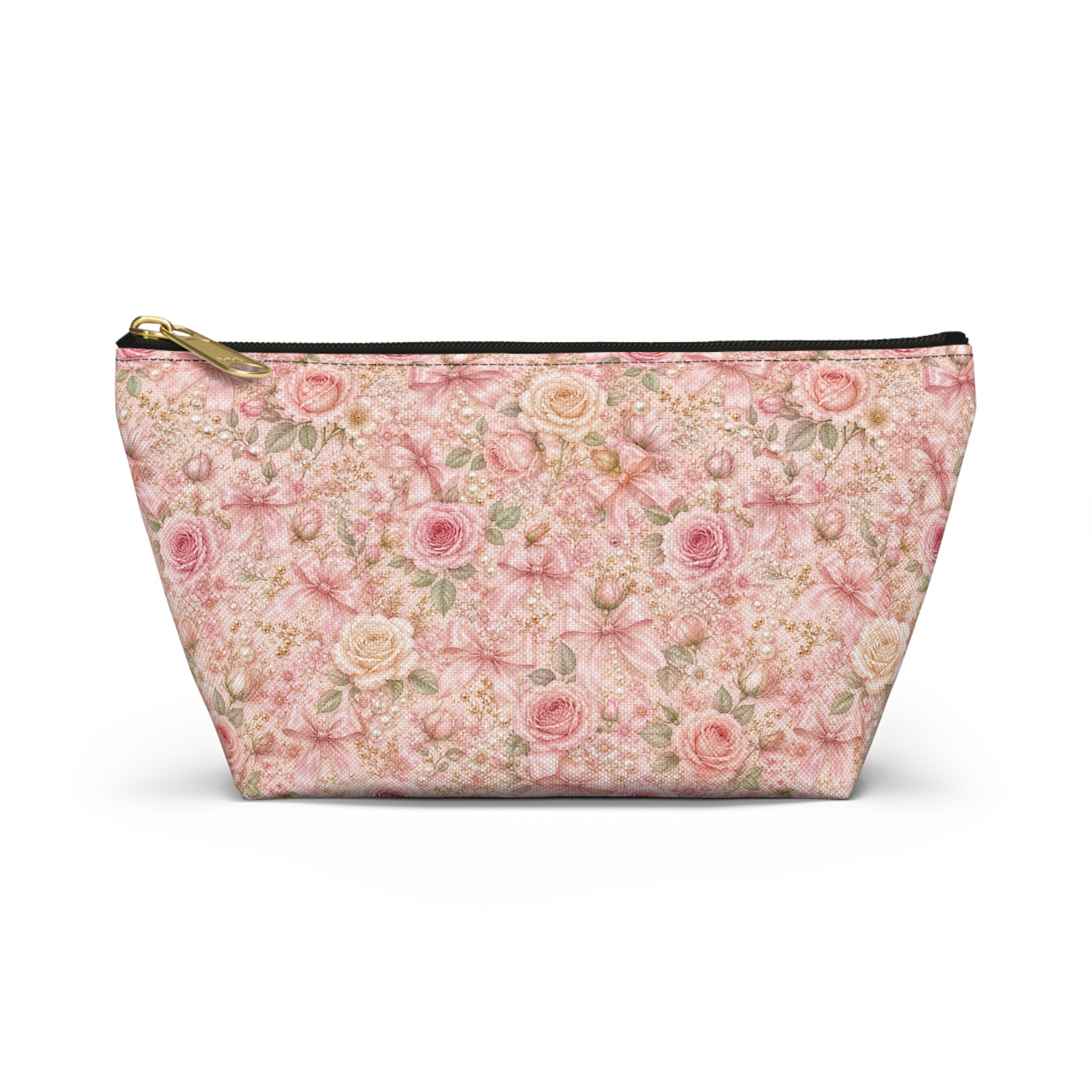 Blush Rose & Satin Bow Makeup Pouch, Luxury Coquette Floral Cosmetic Bag, Elegant Travel Beauty Organizer