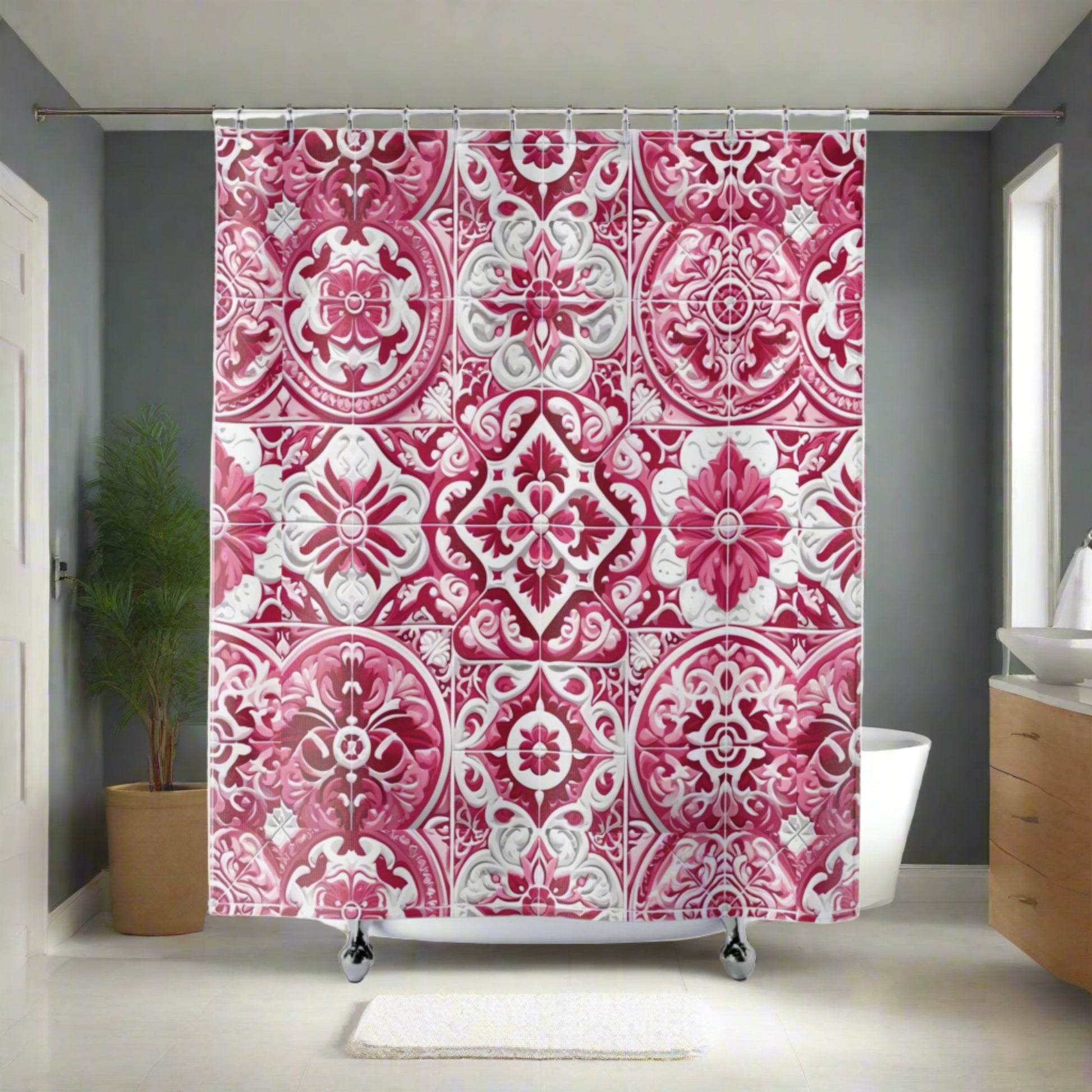 Pink and White Mediterranean Tile Design Shower Curtain Stylish Bathroom Decor, Perfect for a Fresh, Elegant Look and Durable for a Fresh, Stylish LookWedding Gift for Mom Bridal Shower Gift Newlywed - MRSBYVALLE
