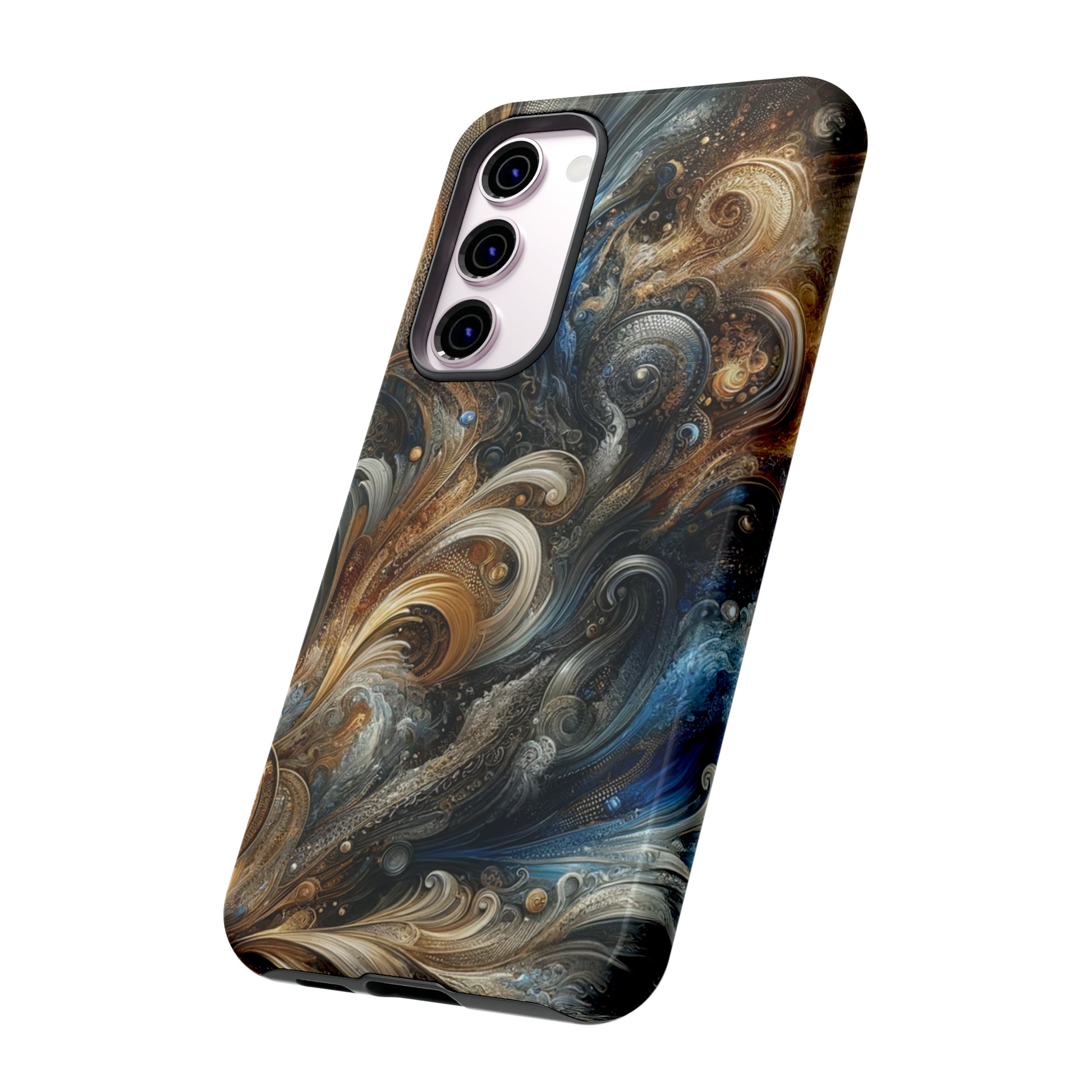 Gold and Navy Art Design Luxury Phone Tough Case Floral Elegant Durable Stylish for Modern Devices iPhone 15, Samsung iPhone Samsung Accessory Gift for Her.