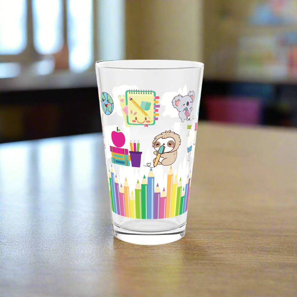 Kawaii School Theme 16oz Glass – Cute Back-to-School Design with Adorable Books, Notebooks & Stationery, Perfect for Study Sessions or Gifts