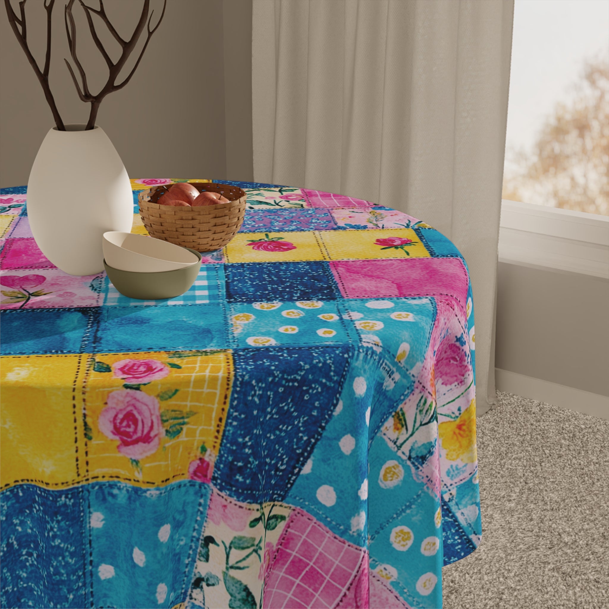 Pastel Patchwork Illusion Tablecloth — Soft Vintage Floral Patchwork Table Linen