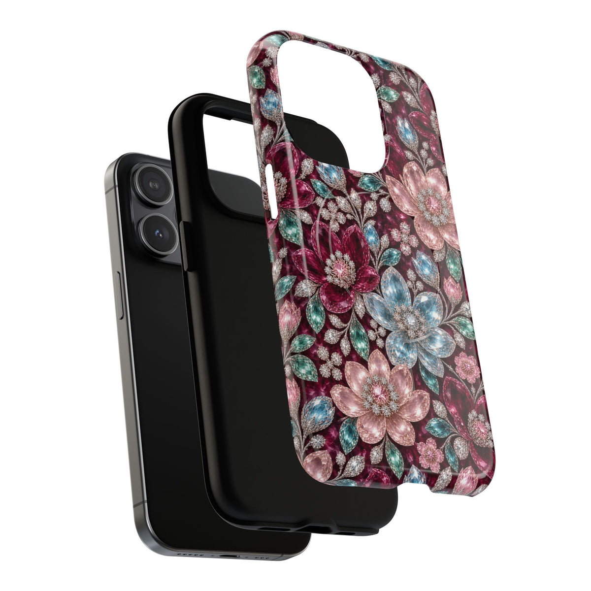 Floral faux Jewel Phone Case Sparkling Burgundy Flower Tough Magnetic Case 18 iPhone