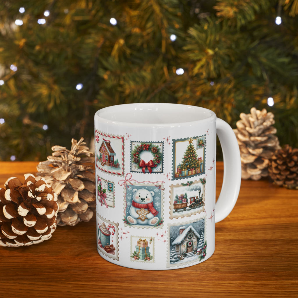 Christmas Postal Stamps Mug 15 and 11 oz Perfect for Coffee, Hot Chocolate and more