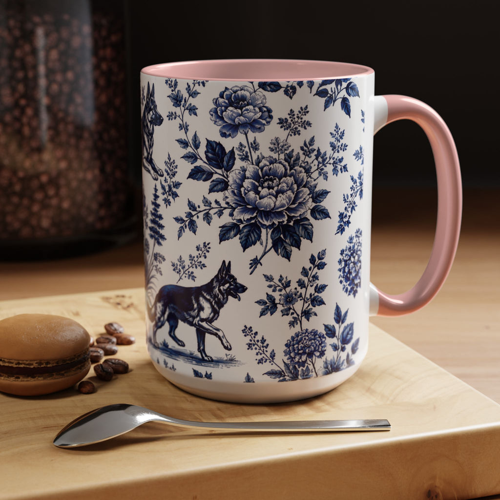 Elegant German Shepherd Floral Mug | Luxury Blue Toile Coffee Mug 11/15oz Accent Ceramic