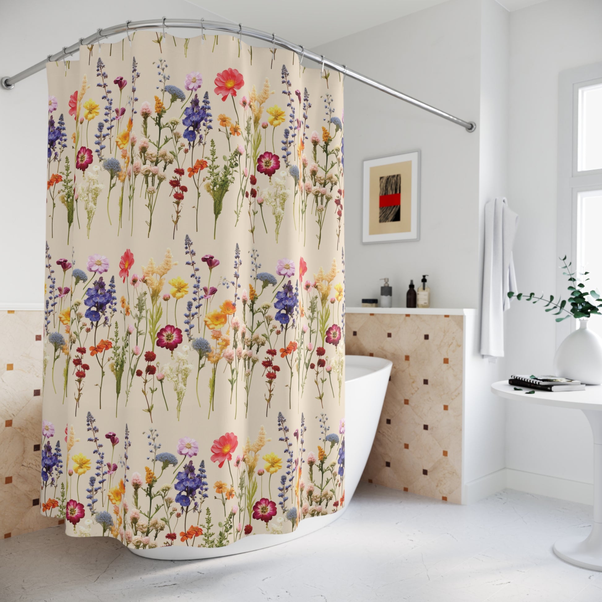Shower curtain with floral pattern in a bathroom setting
