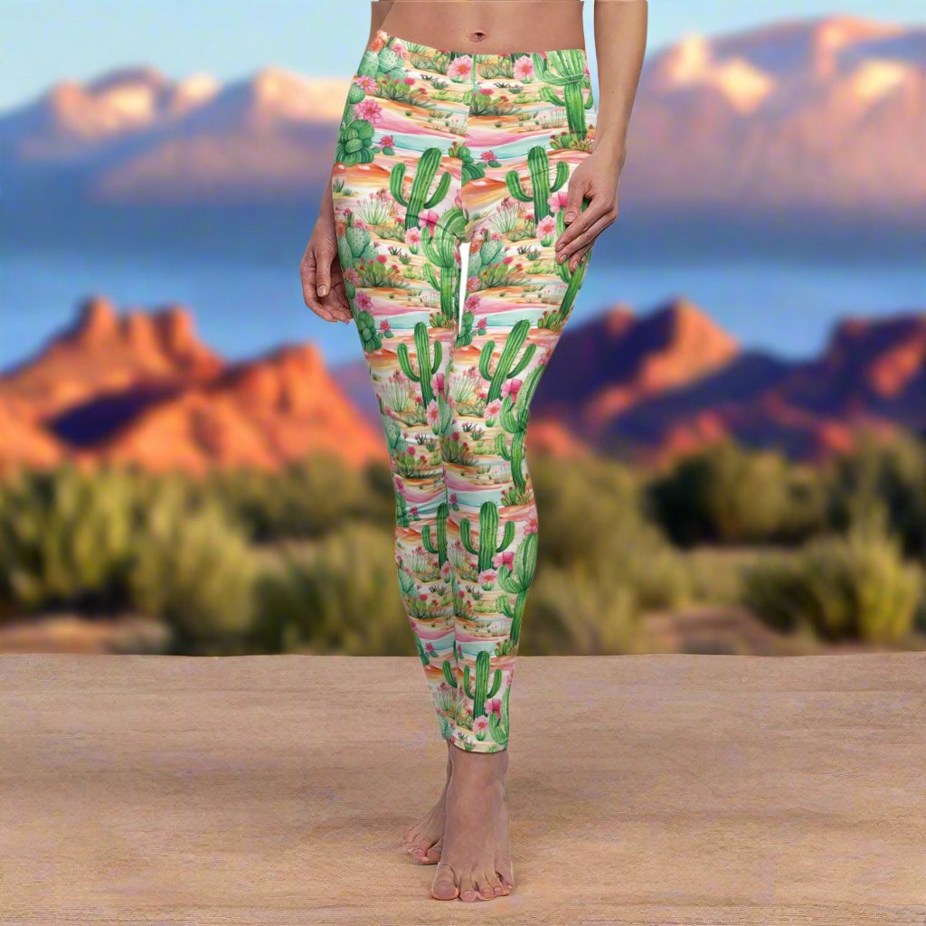Chic Cactus Pink & Mint Green Abstract Women's Leggings – Stylish Casual Pants for Everyday, Yoga, or Lounging | Soft, Comfy, and Perfect for Active Living Perfect Gift Idea for Her – Available in Plus Sizes - MRSBYVALLE