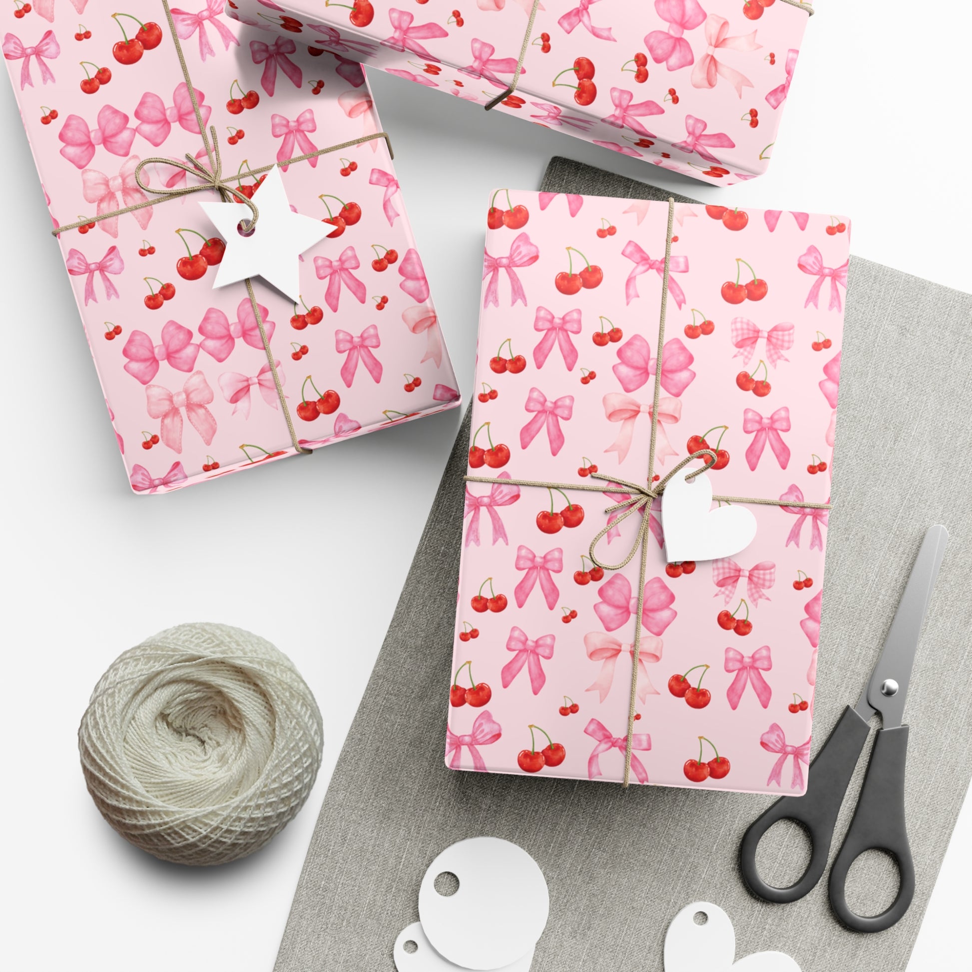 Pink Chic Coquette Wrapping Paper Pink Bows Cherries Elegance Perfect for Gifts Weddings, Bridal Baby Showers All Occasion.