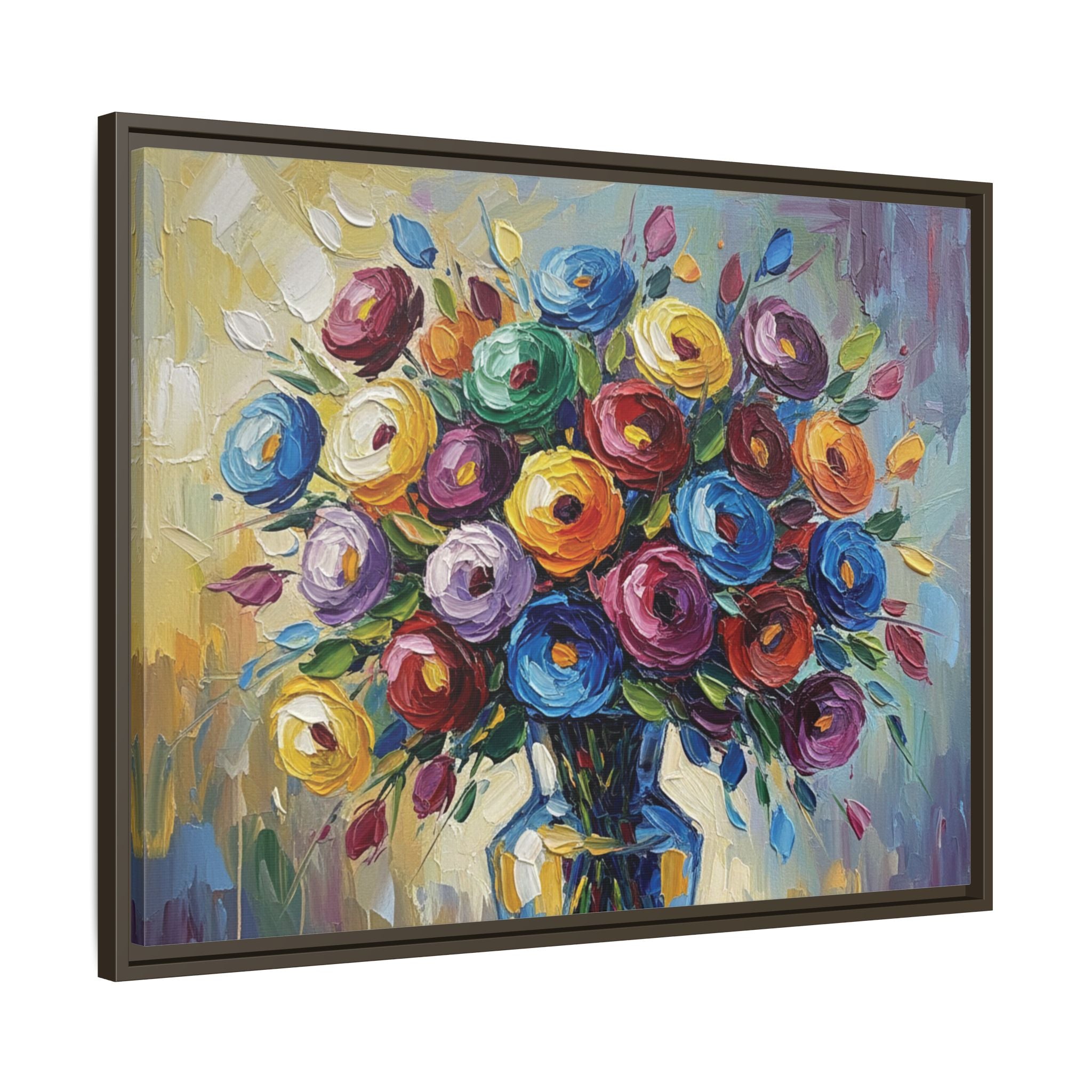 Impression sur toile bouquet floral aquarelle - Tableau mural encadré mat - Illusion de peinture à l'huile vibrante