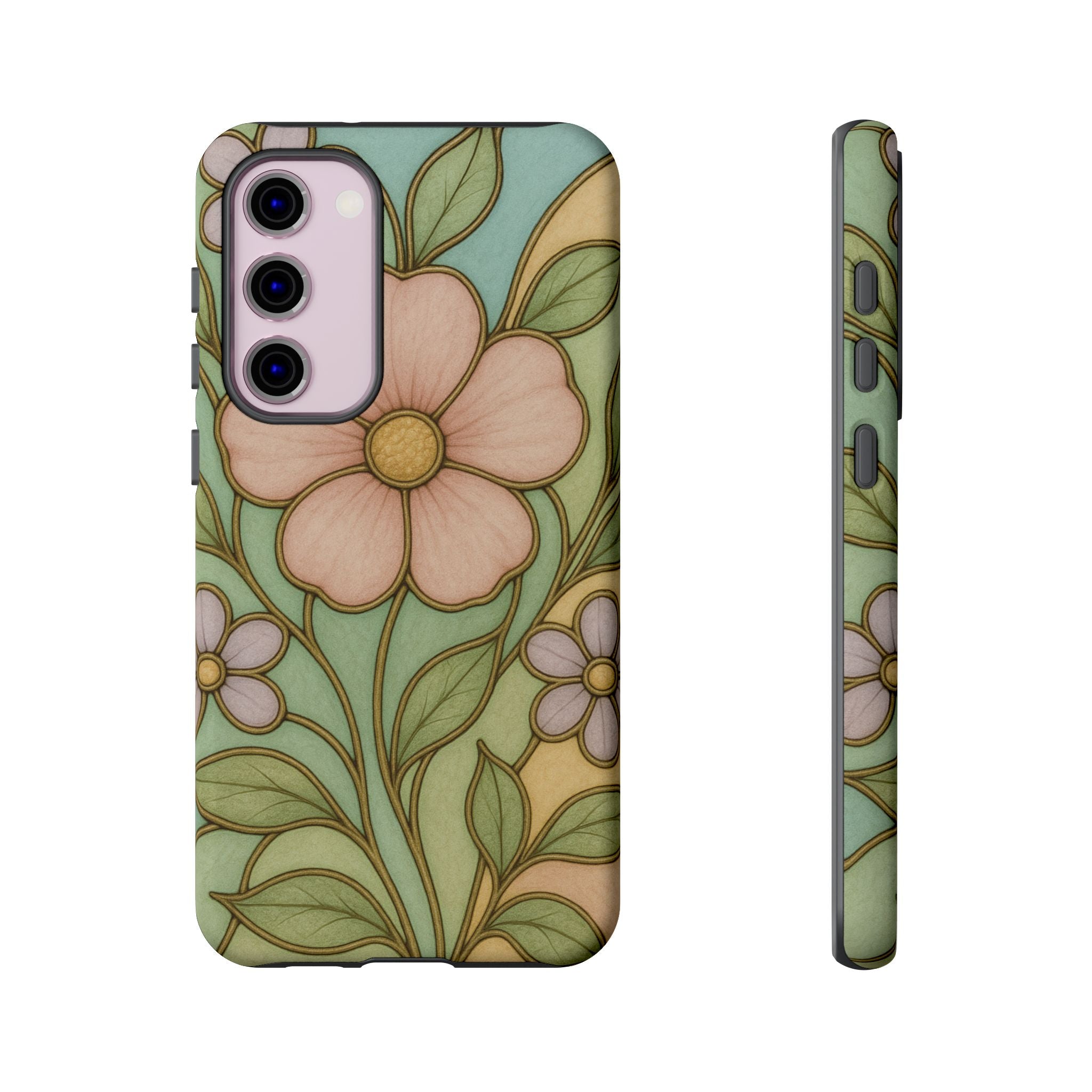 Pastel Pink, Yellow Stain Glass Illusion Floral Phone Case  Romantic Cottagecore Aesthetic, Soft Botanical Design, Protective Gift for Her, Fits iPhone & Samsung Models