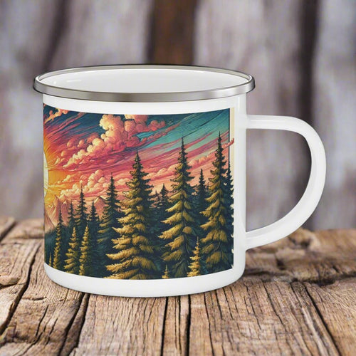 12oz Enamel Camping Mug Sunset Over Mountain & Pine Trees Design | Perfect for Camping, Coffee, Hot Chocolate | Durable, Lightweight Mug for Outdoor Adventures  Gifts Christmas - MRSBYVALLE