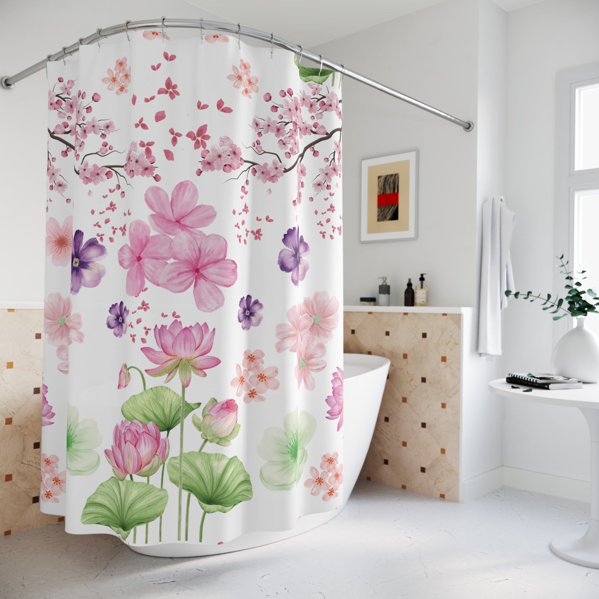 Pink and Purple with Cherry Blossoms Shower Curtain Stylish Bathroom Decor, Perfect for a Fresh, Elegant Look and Durable for a Fresh, Stylish LookWedding Gift for Mom Bridal Shower Gift Newlywed