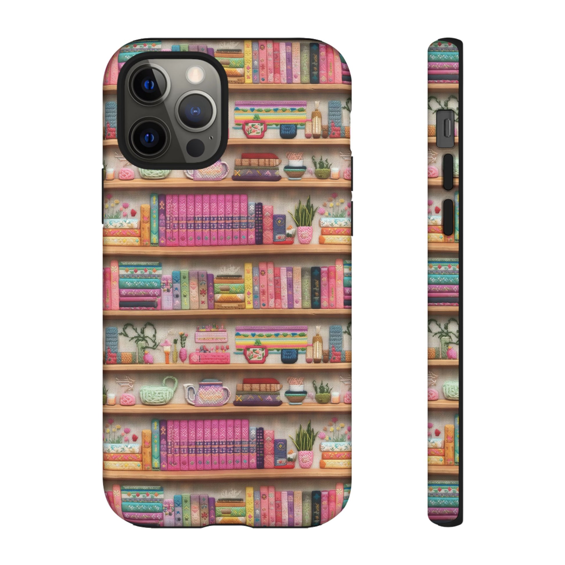 Whimsical 3D Embroidery Illusion Books on Pastel Shelves Phone Case for iPhone, Samsung & Pixel: Unique Accessory for Literary Enthusiasts Gift for Her Perfect for Floral Lover