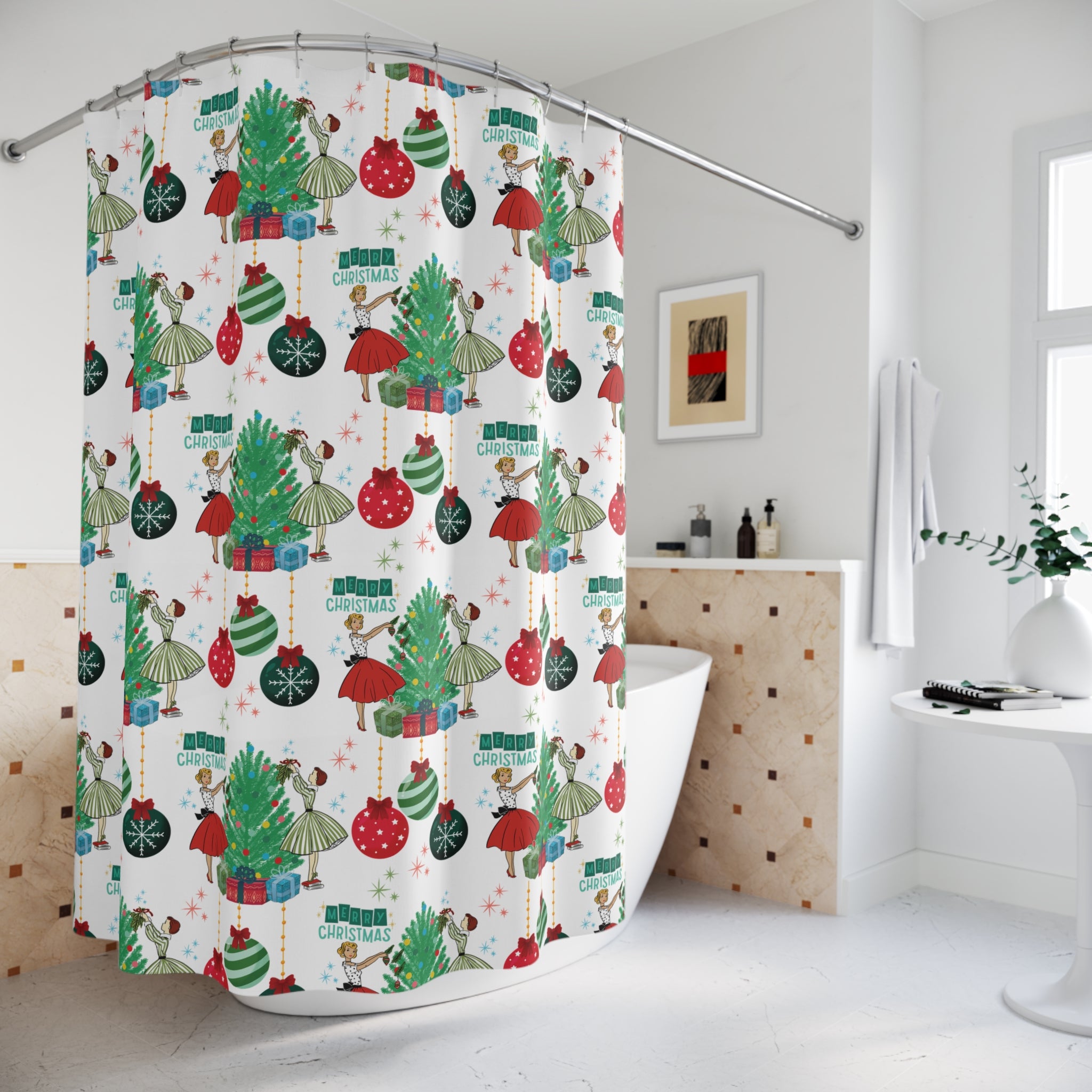 Retro Glam 50s Christmas Shower Curtain | Vintage Holiday Bathroom Decor, Festive Mid Century Xmas Gift, Retro Holiday StyleHooks Not Included