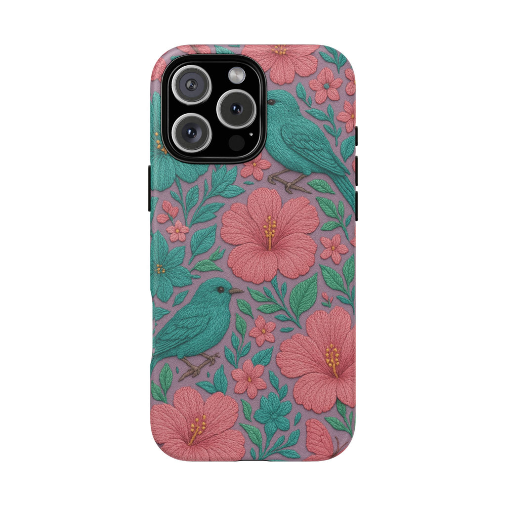 Turquoise, Pink and Lavender 3D Embroidery Illusion Phone Case Tropical Flowers, Birds & Butterflies Cover with Bold, Realistic Floral Texture iPhone, Samsung