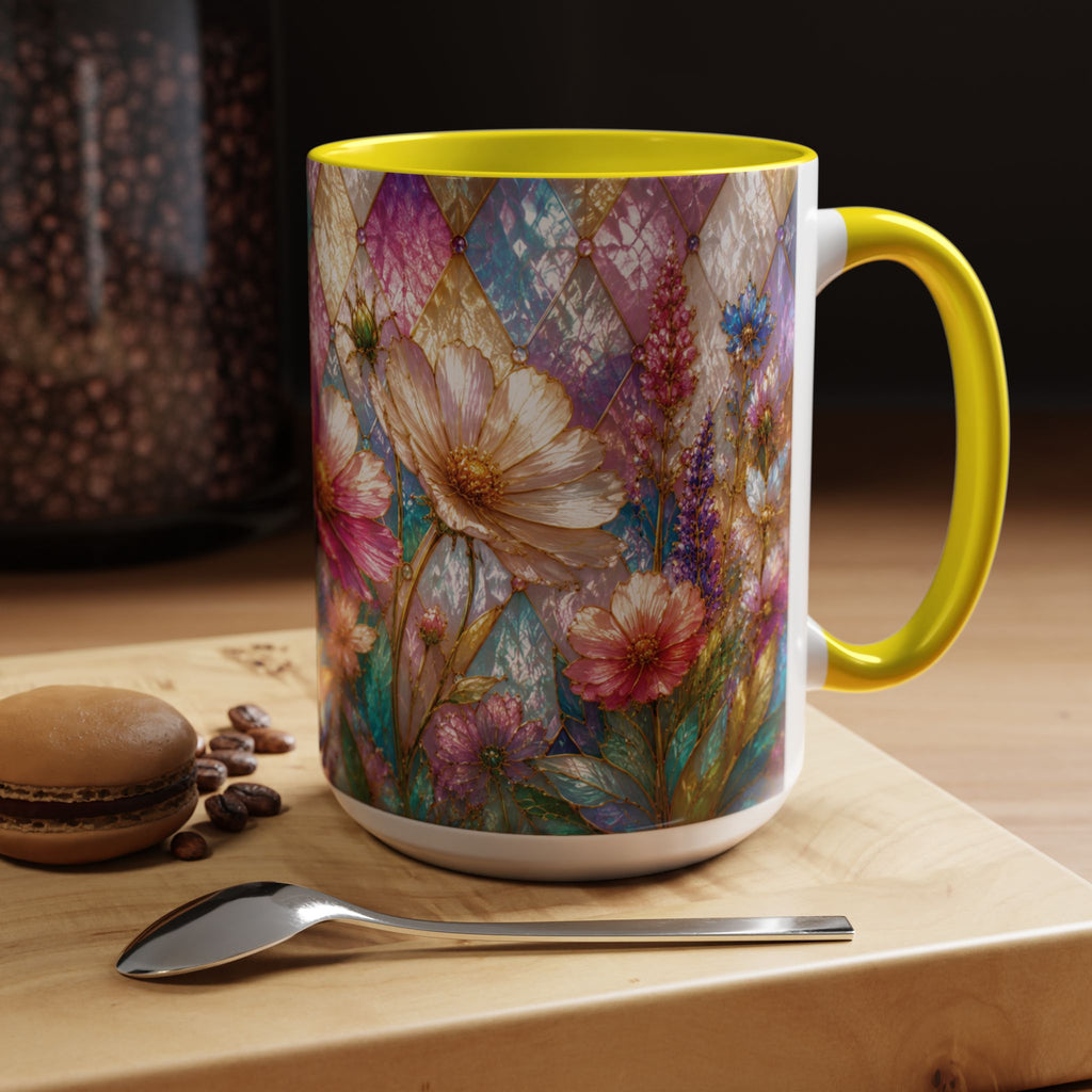 Floral Mosaic Accent Coffee Mug — Colorful Garden Flowers 11/15oz Stain Glass Illusion